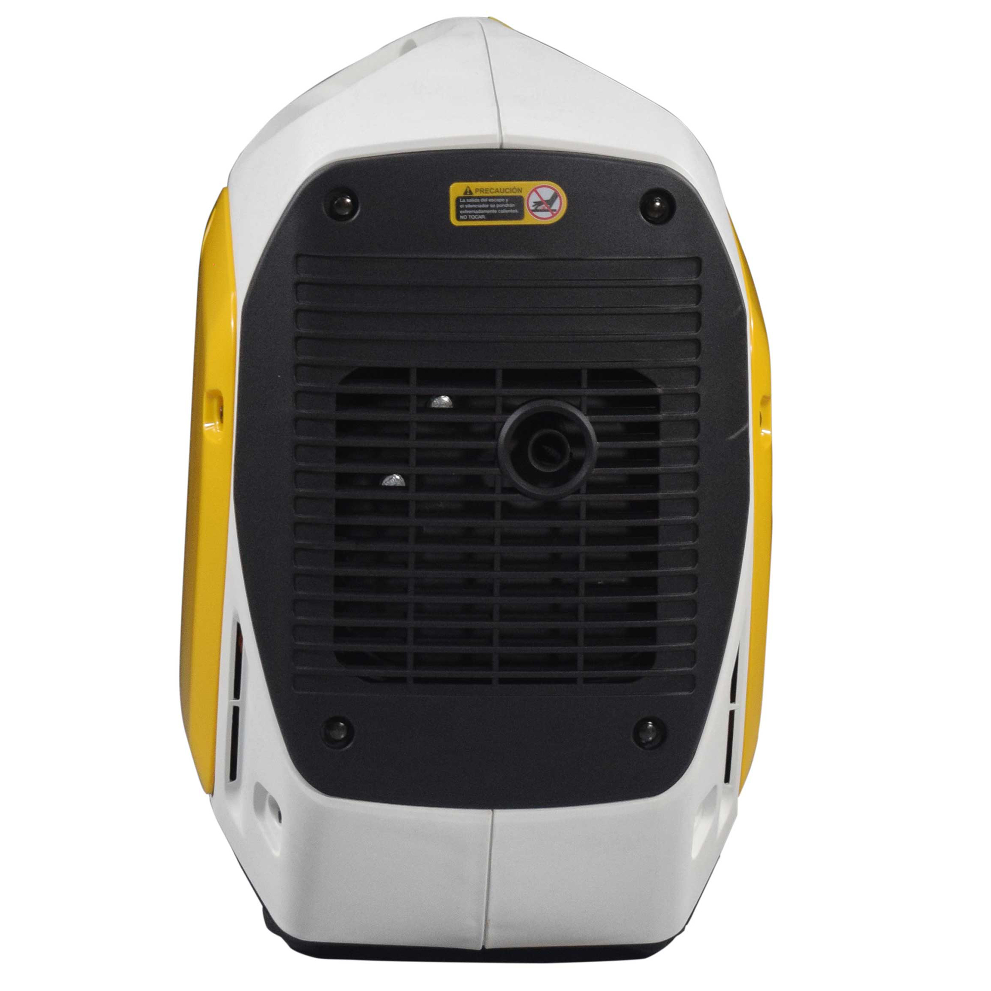 Un generador amarillo, blanco y negro. Tiene una etiqueta de advertencia y una cubierta de ventilación negra. La forma es redondeada.
