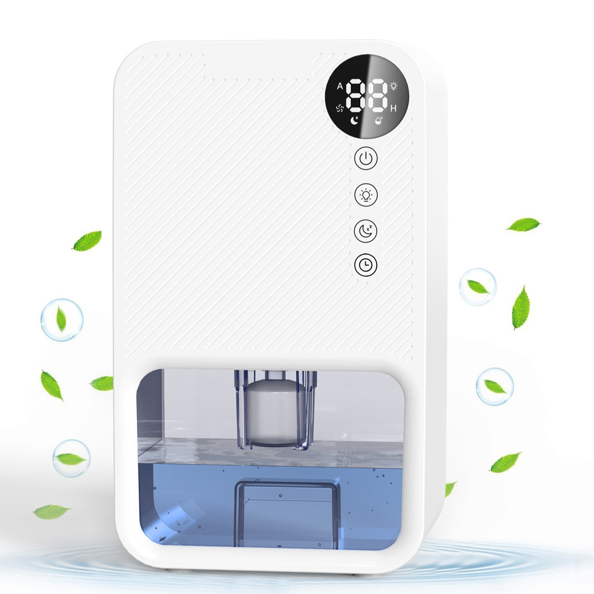 Weißer Luftreiniger mit digitaler Anzeige, Symbolen und Wassertank. Grüne Blätter schweben herum. Wasseroberfläche unten.