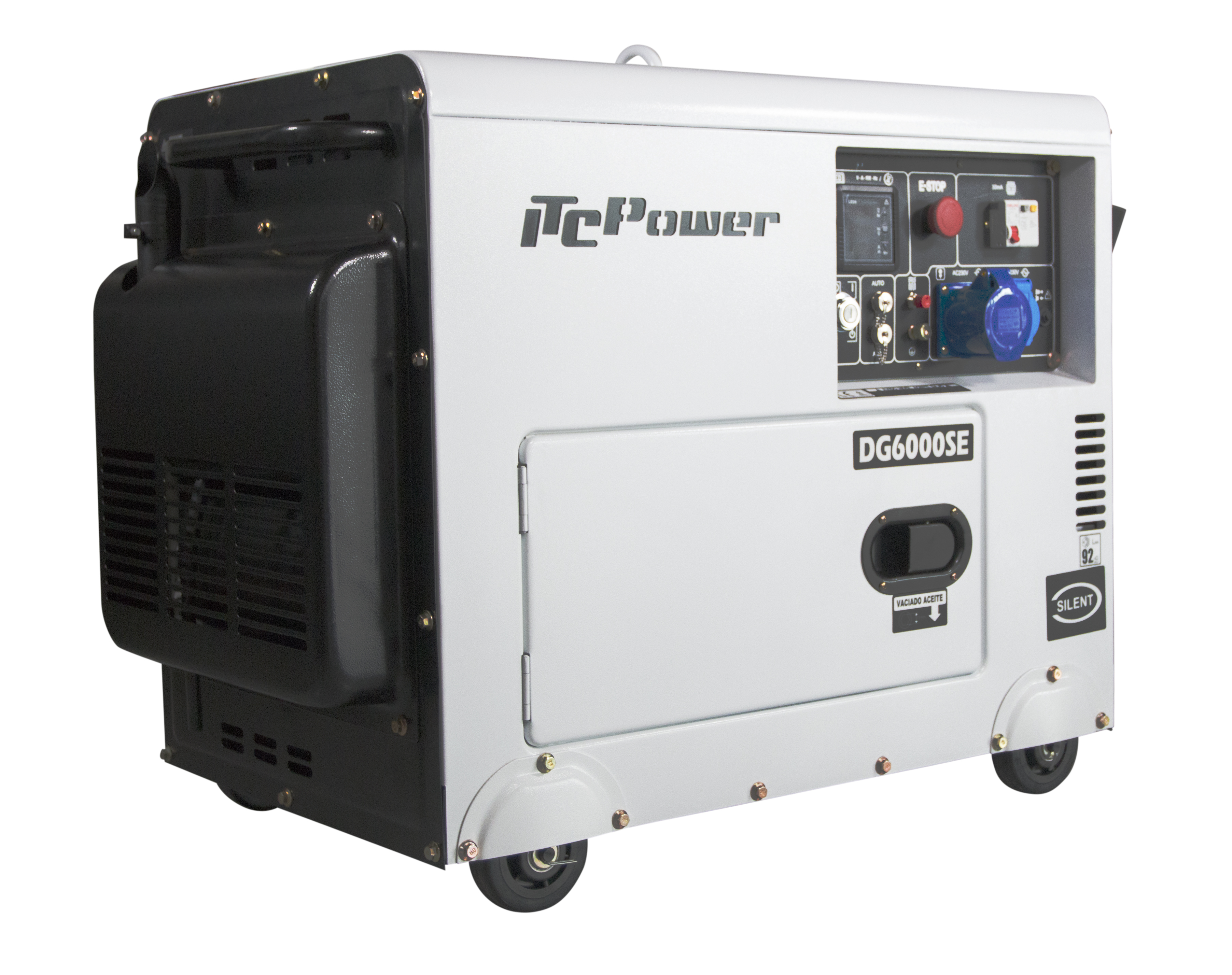 Un generador blanco y negro con el texto "iTcPower" en el lateral. Tiene un panel de control y ruedas para facilitar el movimiento.