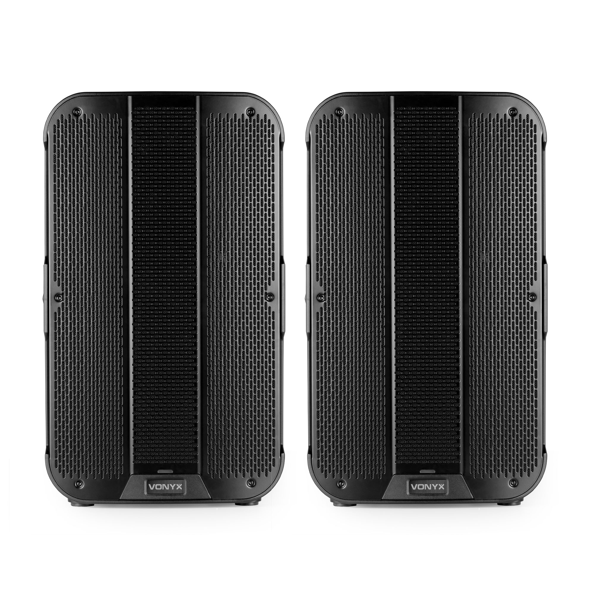 Dos altavoces negros Vonyx sobre fondo blanco. Cada uno tiene una malla frontal y el nombre de la marca abajo.