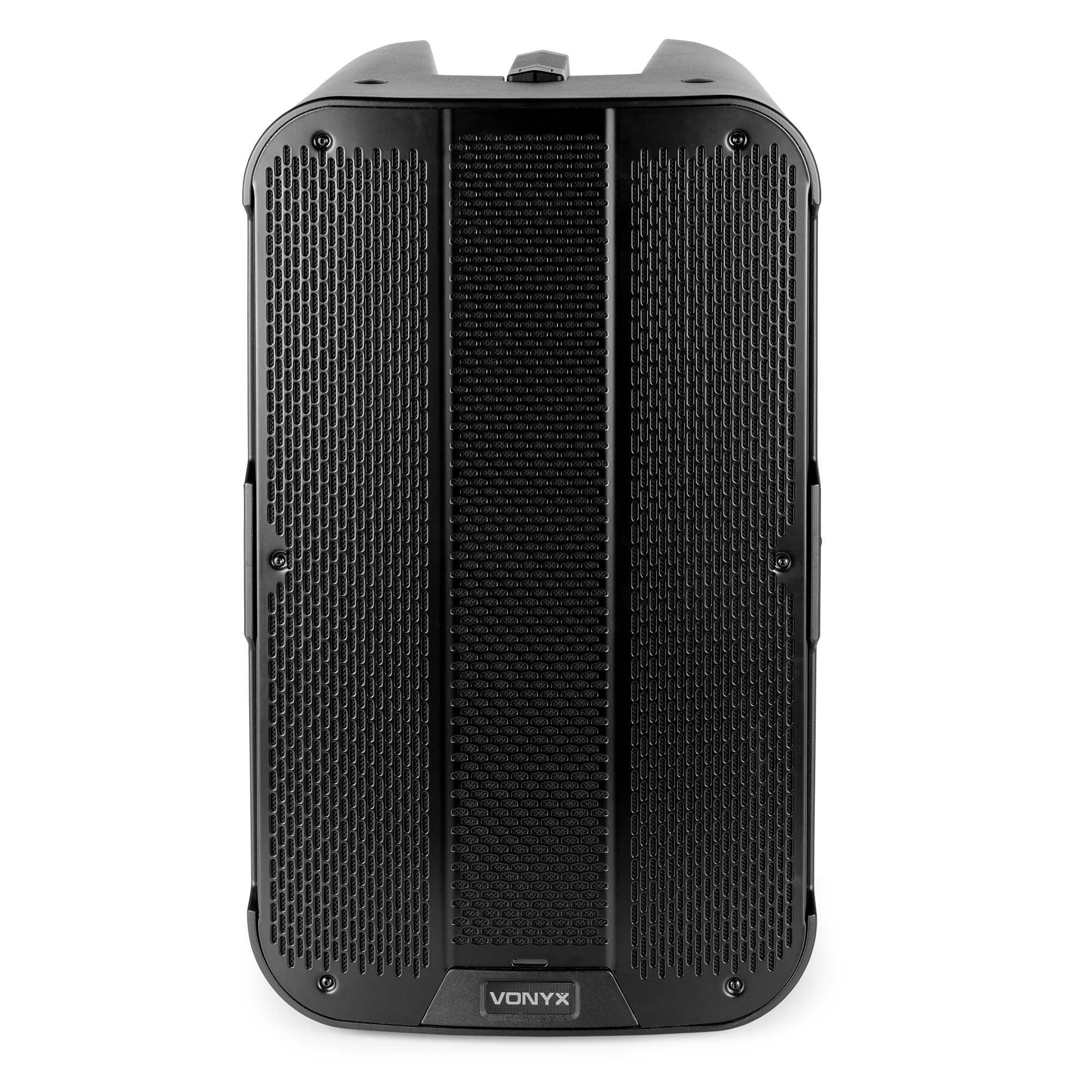 Altavoz Vonyx negro sobre fondo blanco. Tiene una rejilla frontal y un asa en la parte superior. La marca es visible.
