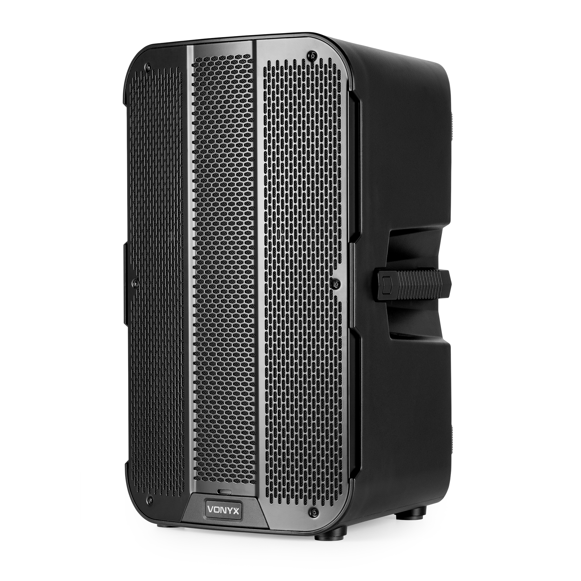 Altavoz PA Vonyx negro. Cuenta con frontal de malla, asa y el logotipo de Vonyx. Aislado sobre fondo blanco.