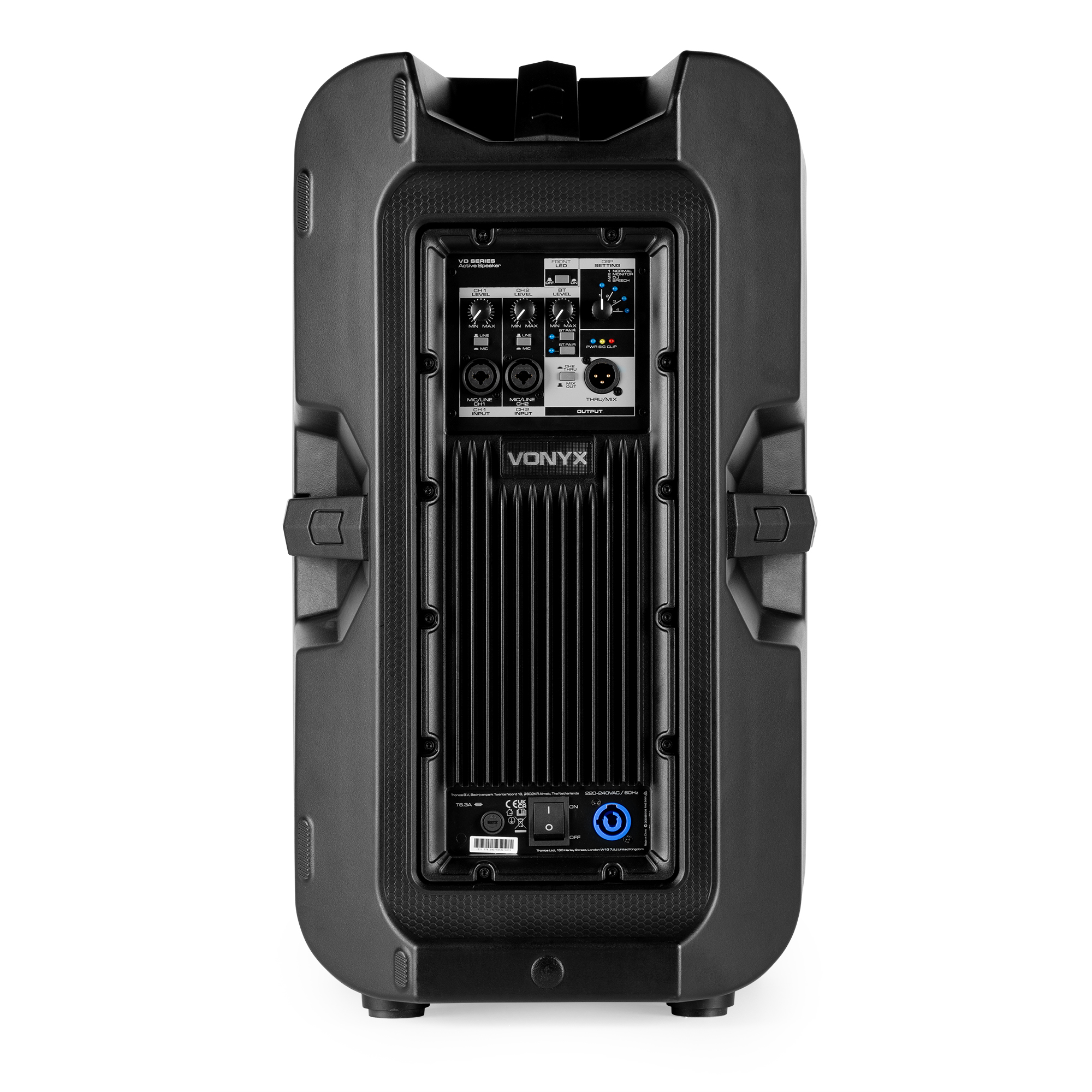 Panel trasero de altavoz activo Vonyx negro con entradas, salidas y controles. Incluye botón de encendido y puertos de conexión.