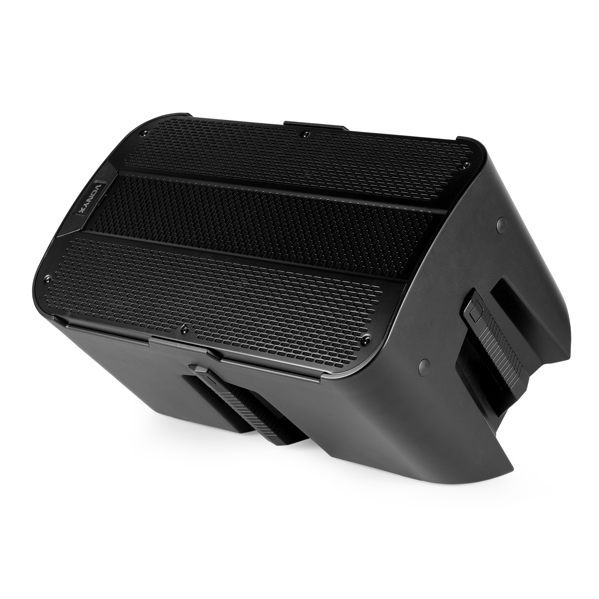 Altavoz negro con frontal de malla. Tiene la marca "VONYX" en el lateral. El fondo es blanco.