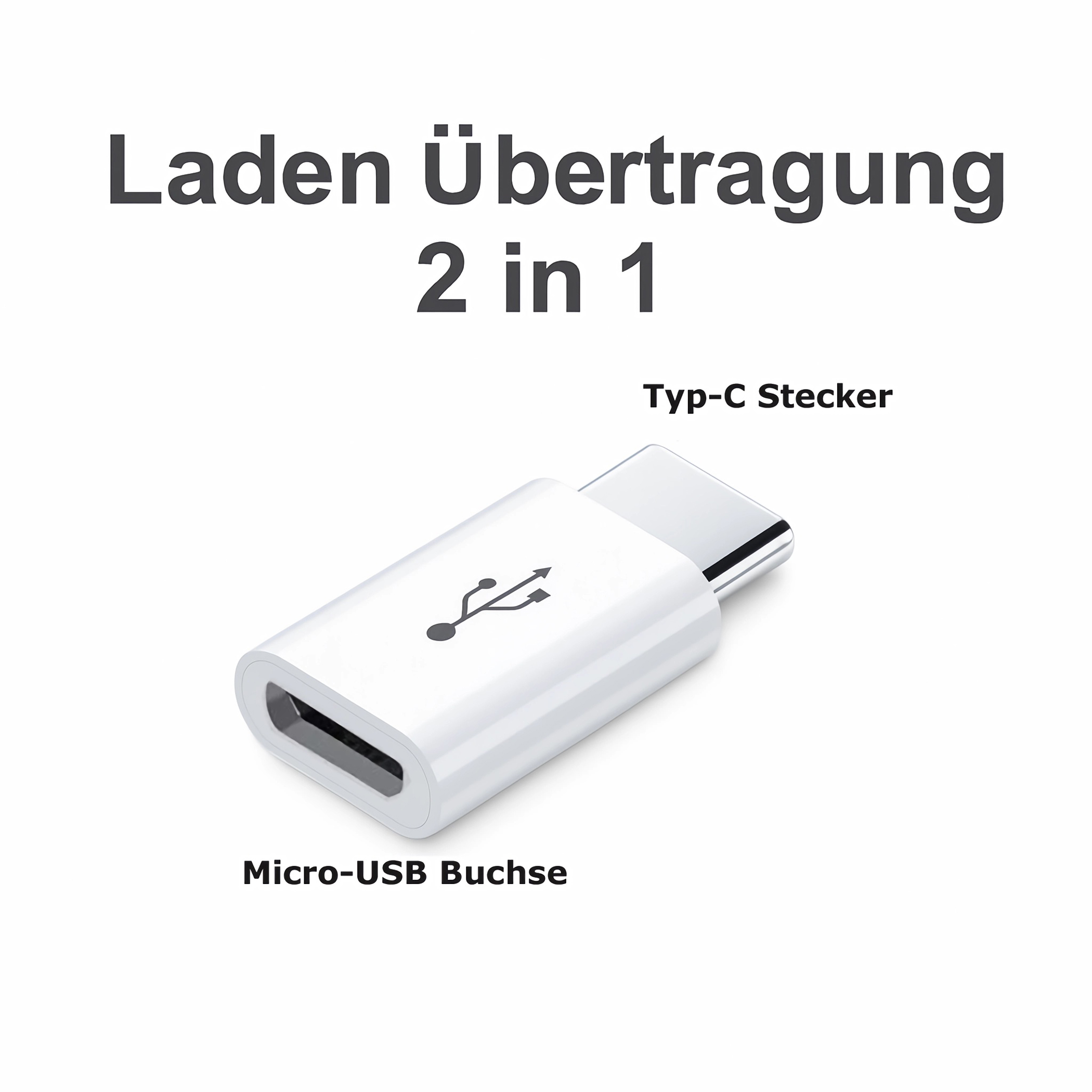 Weißer 2-in-1-Adapter mit USB-Symbol. Text: Laden Übertragung 2 in 1, Typ-C-Stecker, Micro-USB-Buchse.