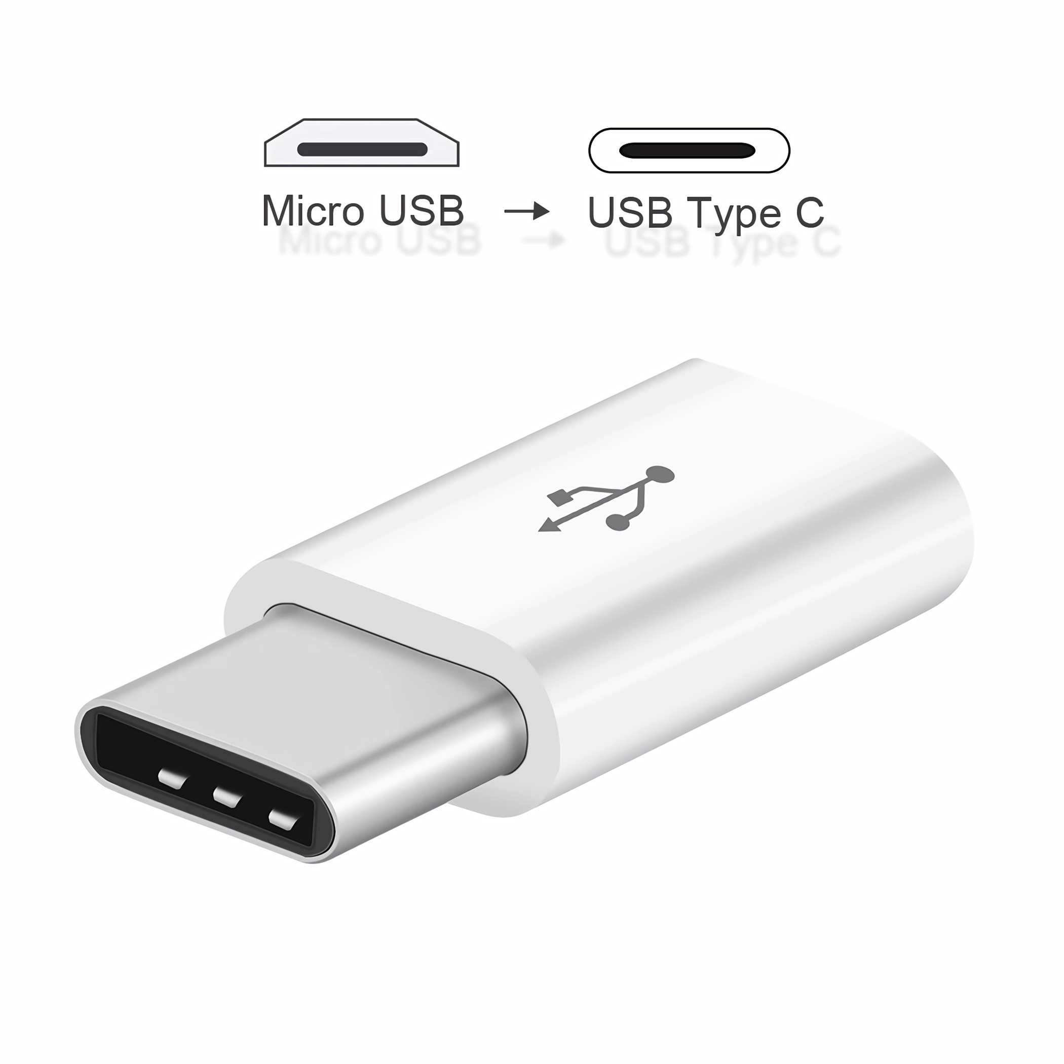 Ein weißer USB-Typ-C-Adapter. Oben zeigt ein Micro-USB-Symbol auf ein USB-Typ-C-Symbol auf weißem Hintergrund.