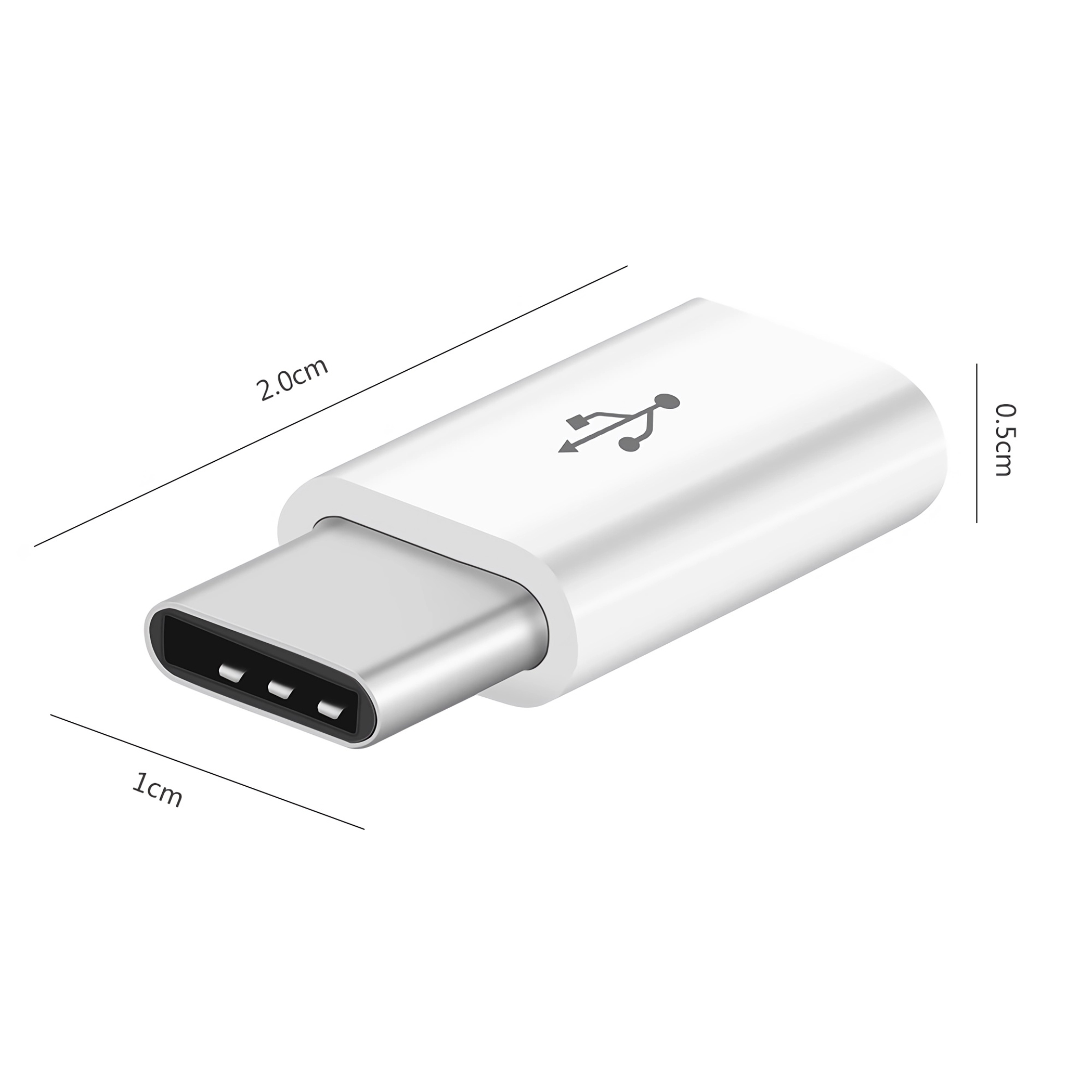 Ein weißer USB-C-Adapter. Er hat ein USB-Logo mit den Maßen 2,0 cm, 1 cm und 0,5 cm.