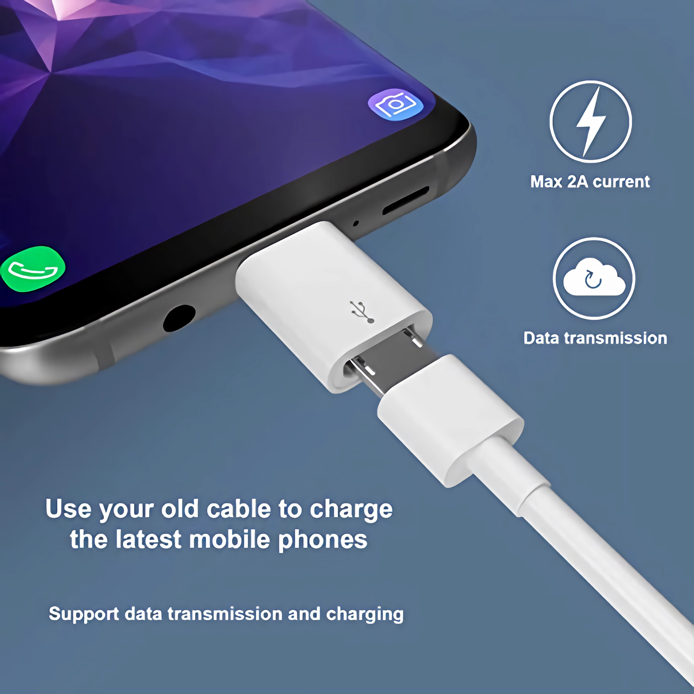 Ein Telefon ist mit einem weißen Adapter verbunden. Text: Verwenden Sie Ihr altes Kabel, um die neuesten Mobiltelefone aufzuladen.