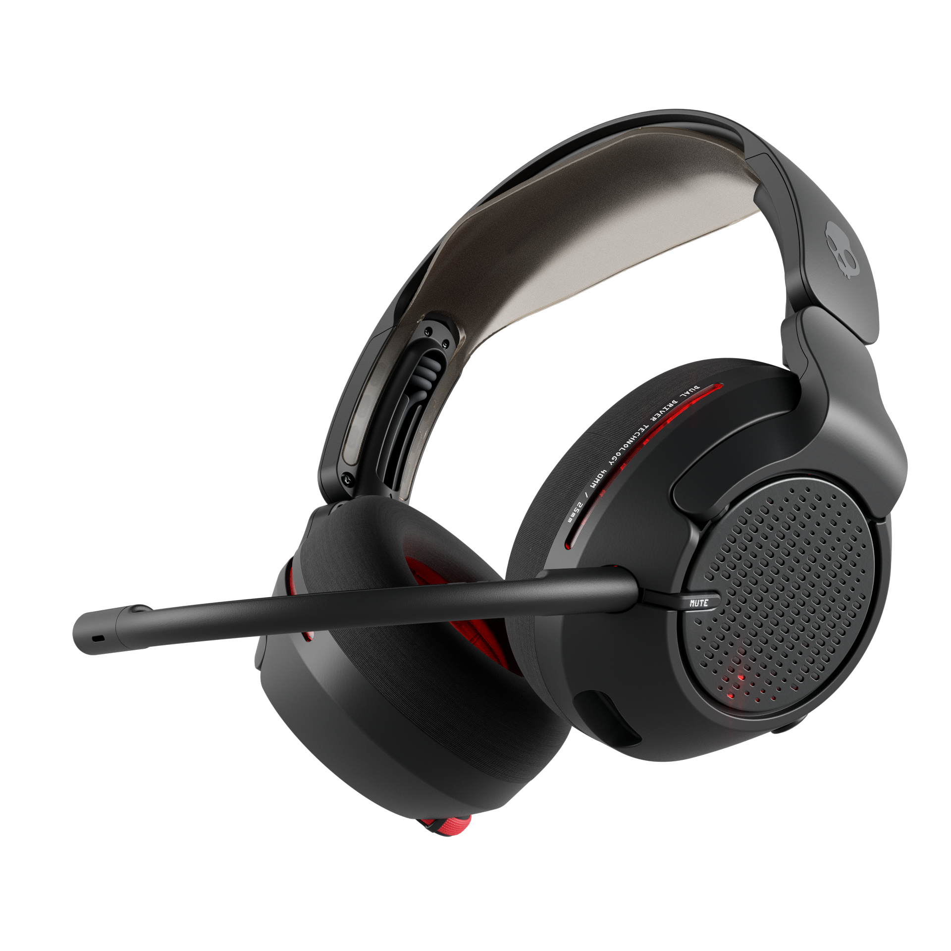 Czarny i szary zestaw słuchawkowy dla graczy z mikrofonem. Posiada czerwone akcenty i jest na czarnym tle.