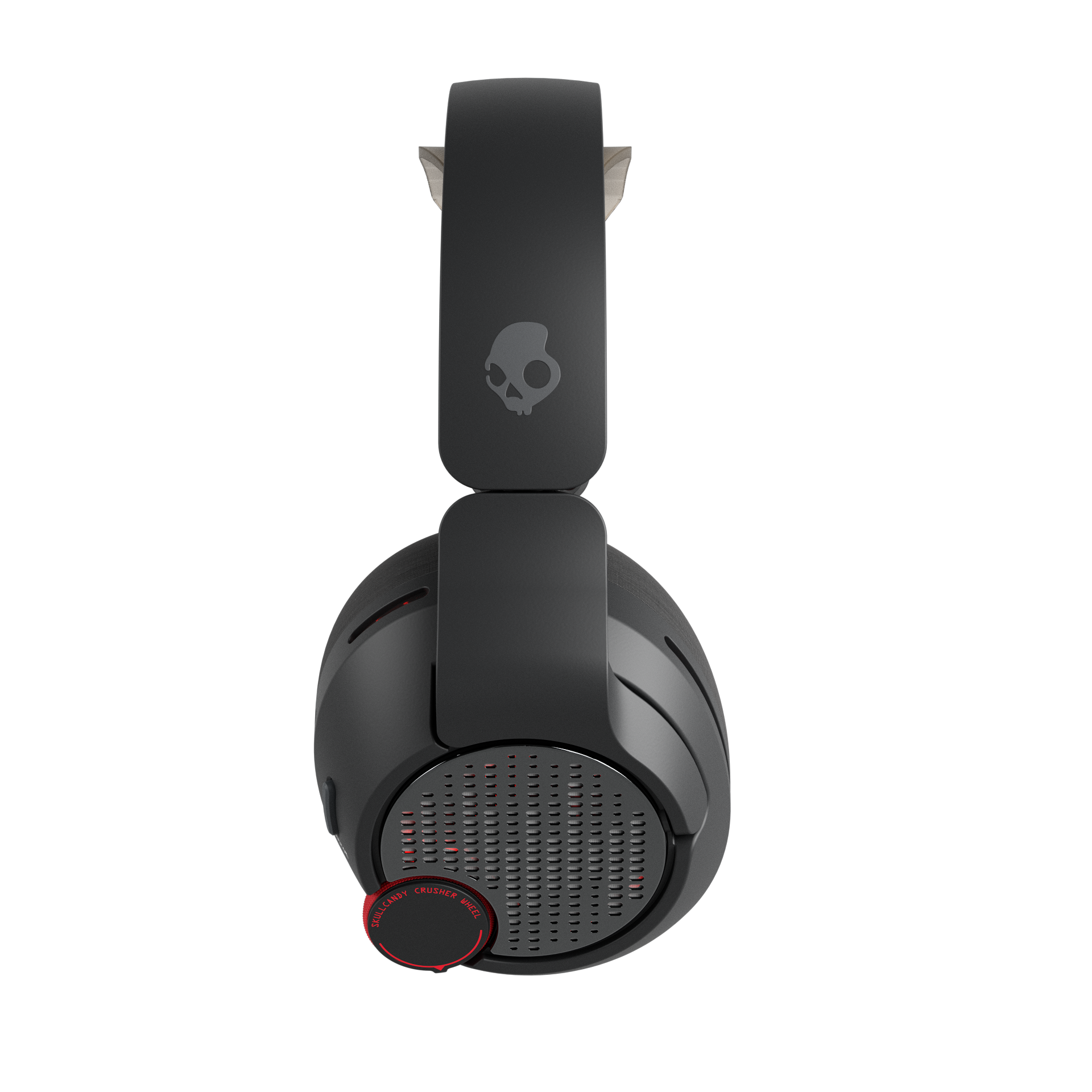 Czarne słuchawki bezprzewodowe Skullcandy Crusher. Logo czaszki znajduje się na pałąku. Czerwone akcenty na nauszniku.