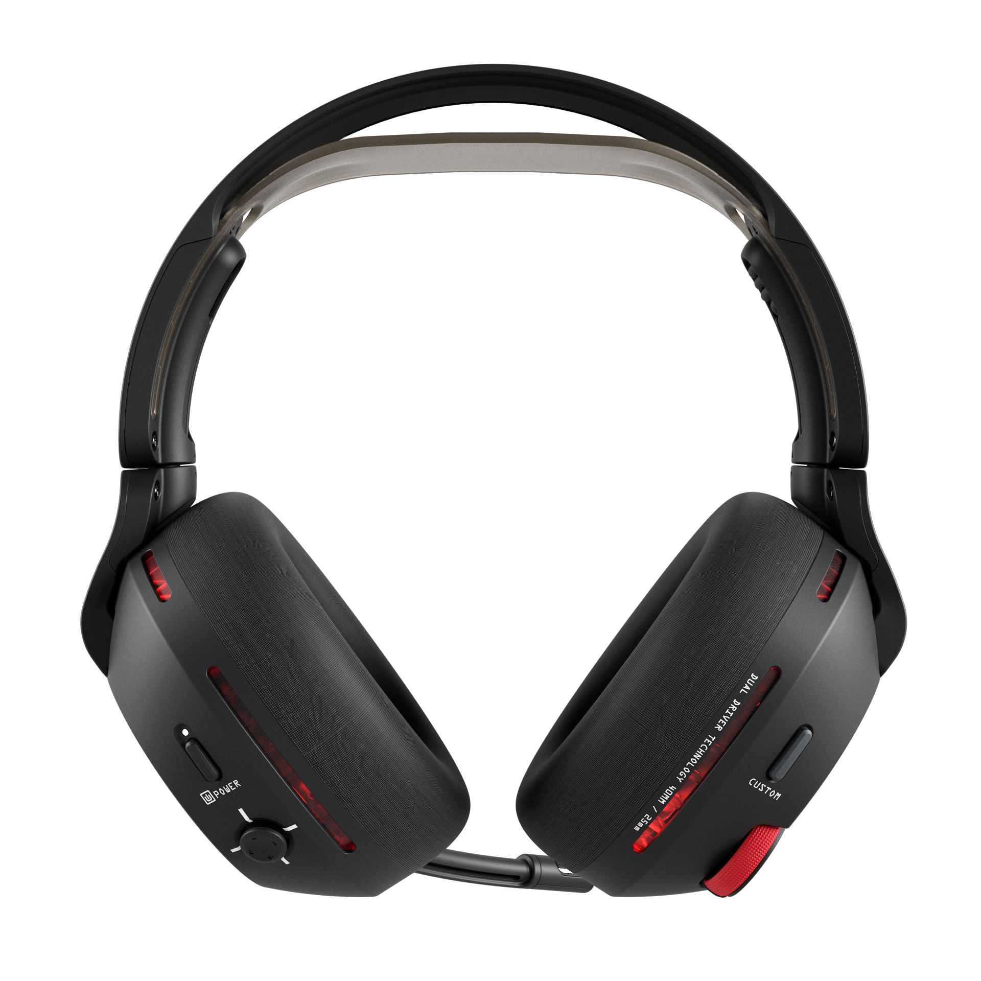 Czarne słuchawki z czerwonymi akcentami. Zawierają regulację głośności, przycisk zasilania i technologię podwójnego przetwornika.