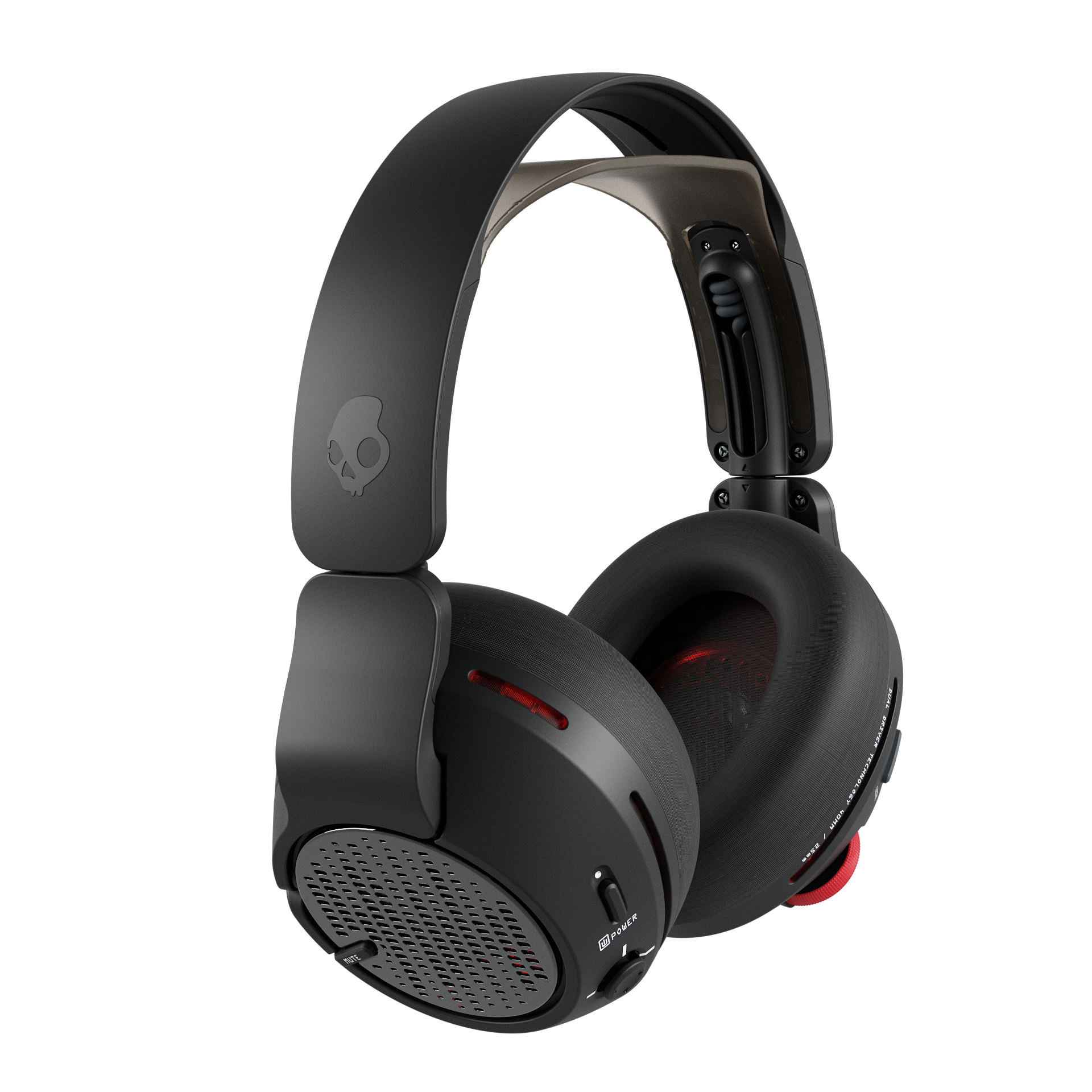 Czarne słuchawki Skullcandy na czarnym tle. Posiadają logo czaszki, czerwone akcenty i przyciski sterowania.