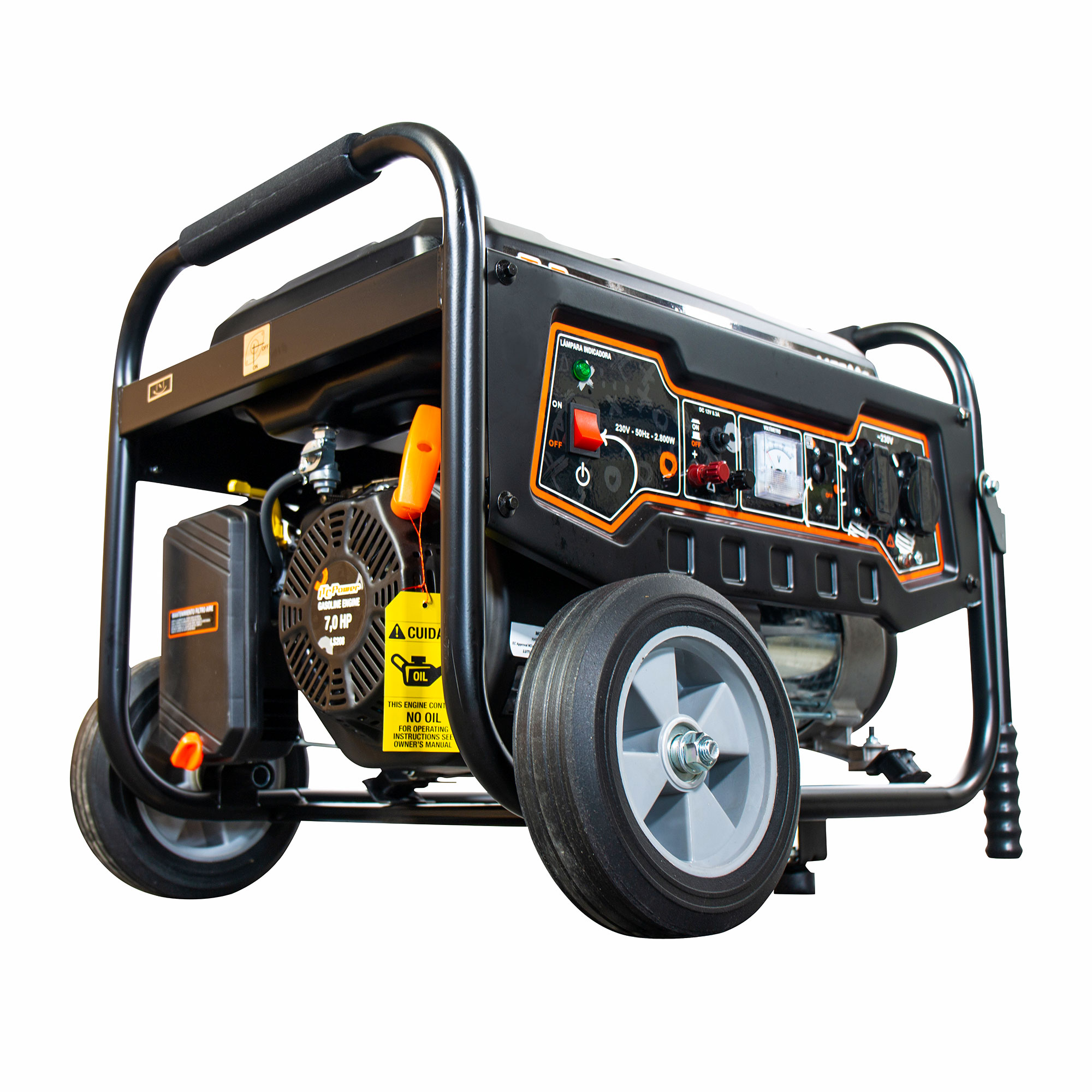 Un generador negro y naranja con ruedas, motor, panel de control y asa. El fondo es blanco.