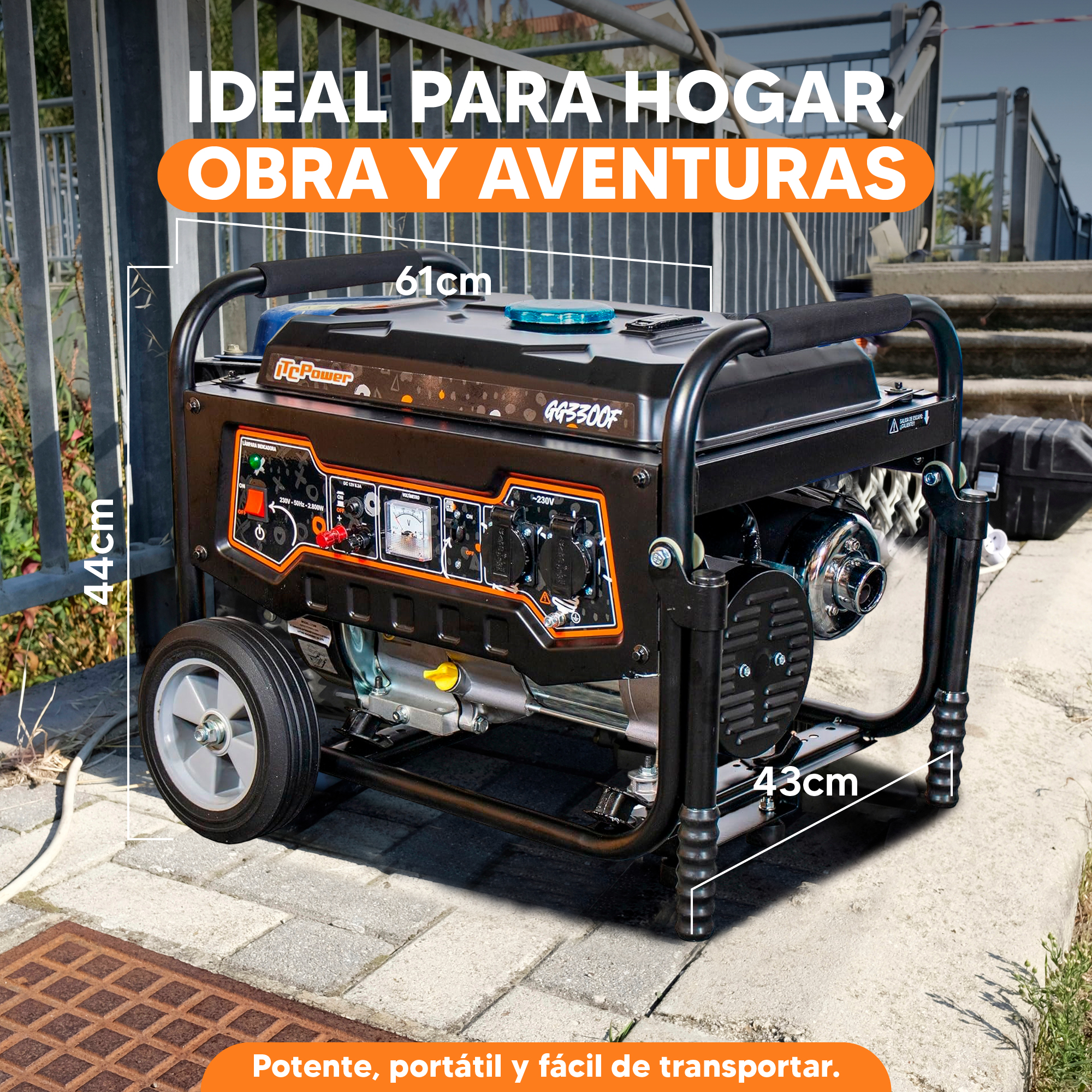 Un generador negro y naranja con ruedas, que mide 61x44x43cm. Está sobre pavimento, con texto superpuesto.