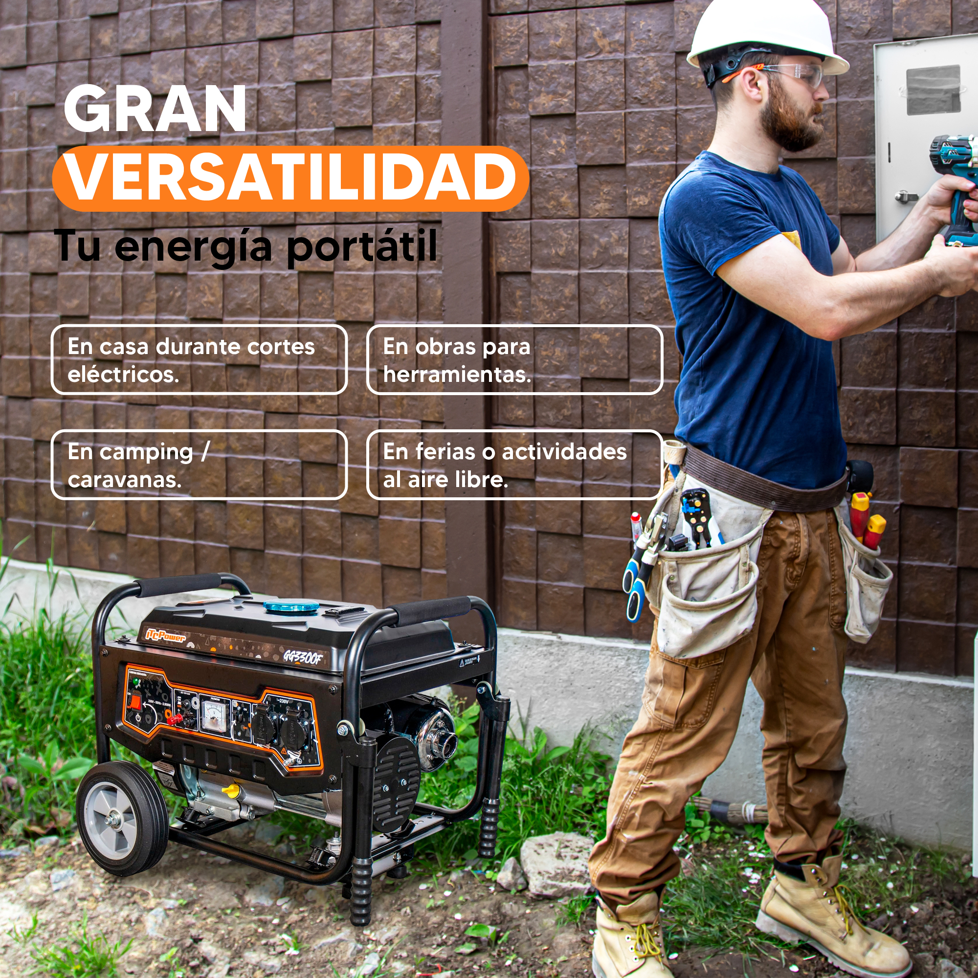 Un hombre con casco trabaja en una pared. Hay un generador en primer plano, y el texto anuncia soluciones de energía portátil.