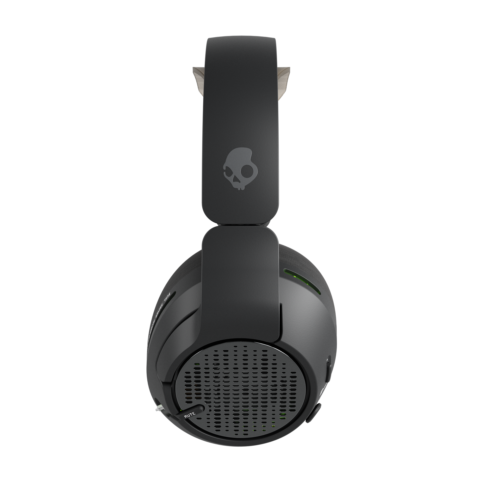 Czarne słuchawki Skullcandy na czarnym tle. Słuchawki są wyśrodkowane, pokazując górę i bok.