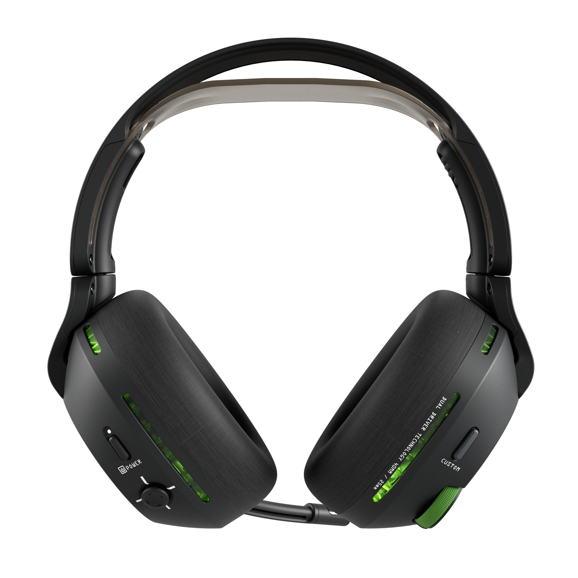 Czarny i zielony zestaw słuchawkowy dla graczy na czarnym tle. Ma zakrzywiony pałąk i duże nauszniki. Widoczne przyciski i światła.