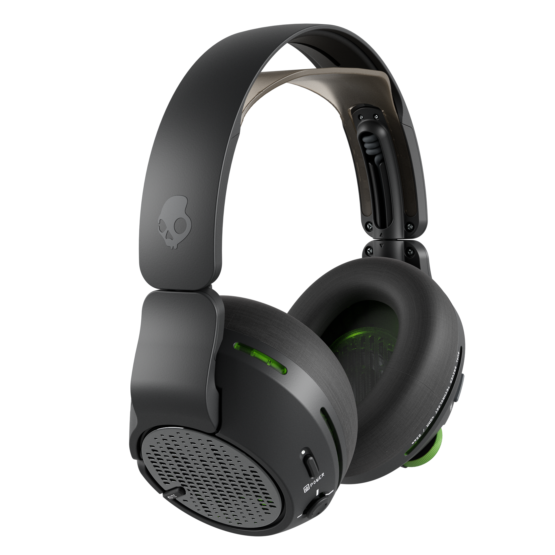 Czarne słuchawki dla graczy Skullcandy na czarnym tle. Posiadają zielone akcenty. Widoczne logo Skullcandy.