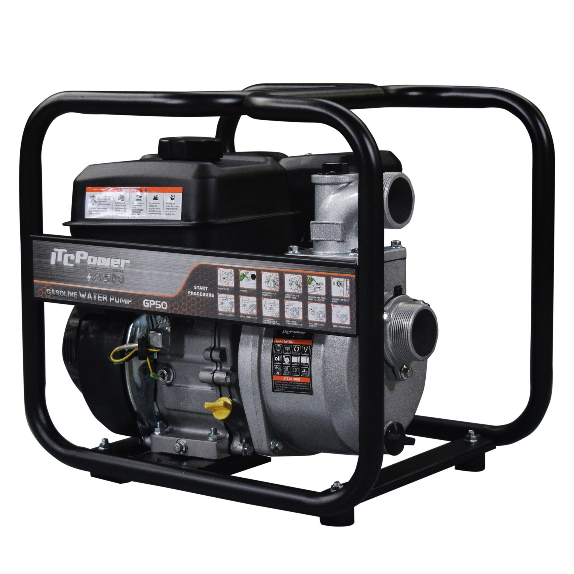 Se muestra una bomba de agua a gasolina, modelo GP50. Es plateada y negra, con un marco de metal negro. Las instrucciones son visibles.