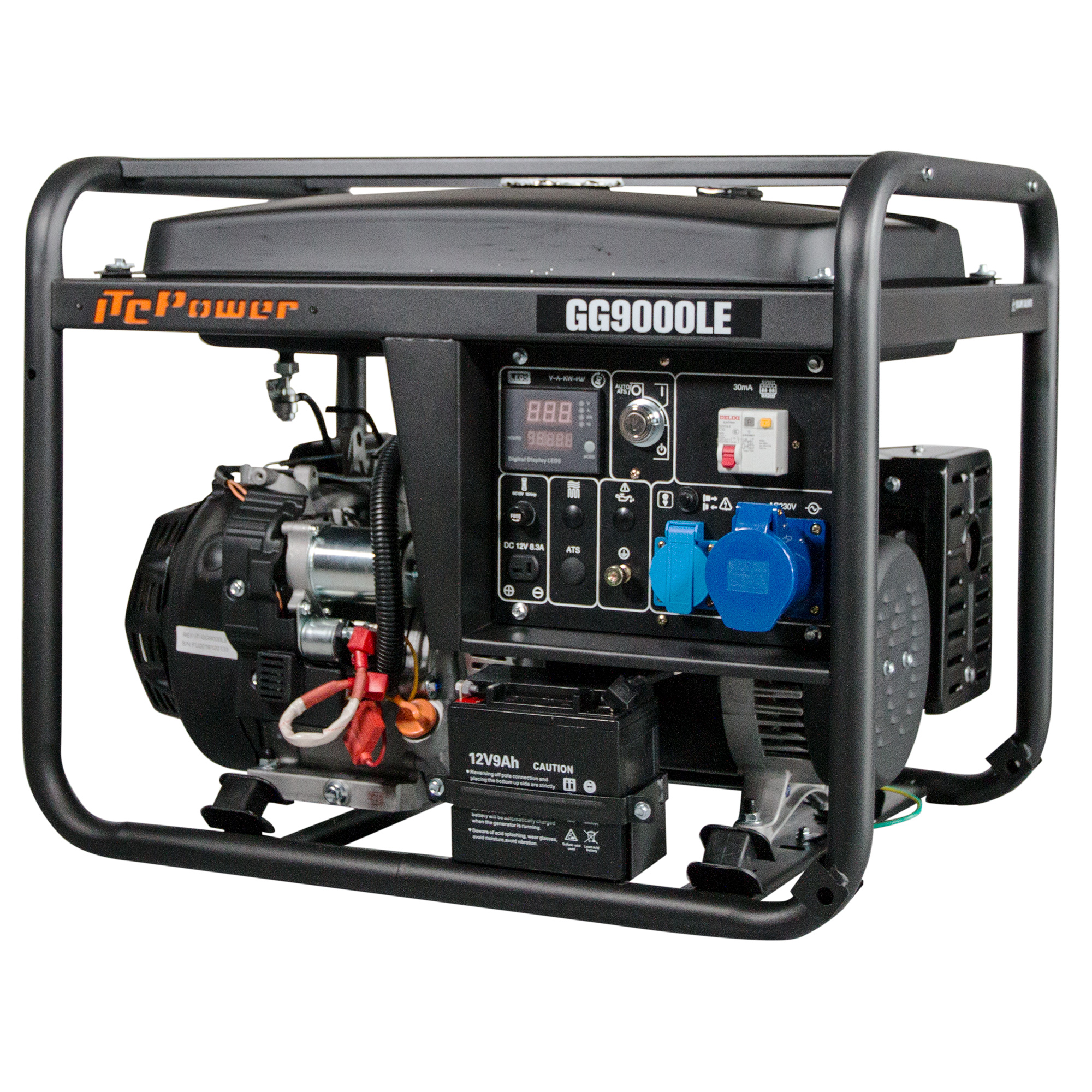 Generador negro con marco metálico. Tiene panel de control, enchufes y batería. Marca: itcPower, modelo: GG9000LE.