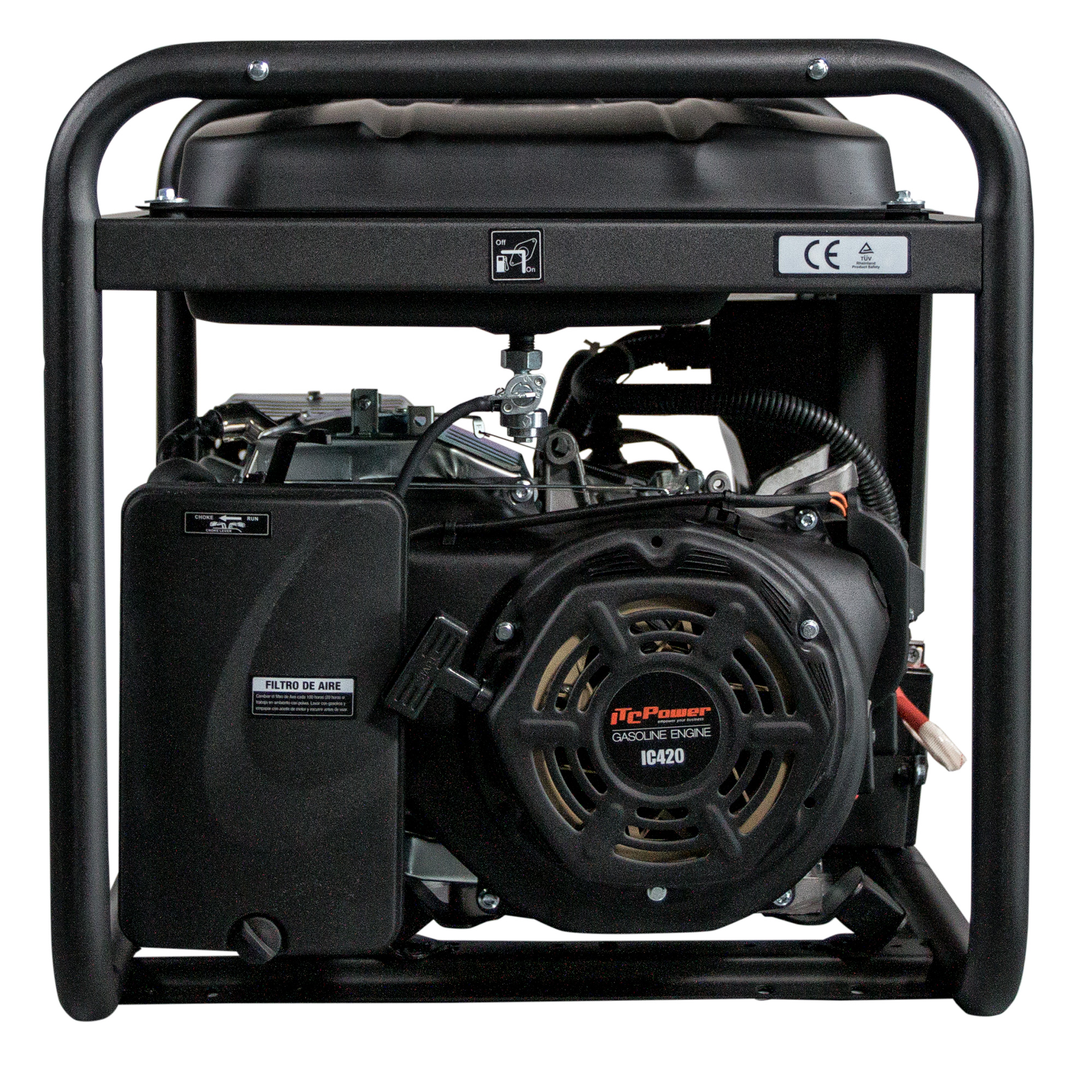 Un generador portátil negro está enmarcado por una jaula de metal negro. Tiene un motor de gasolina, modelo IC420, y varias etiquetas.
