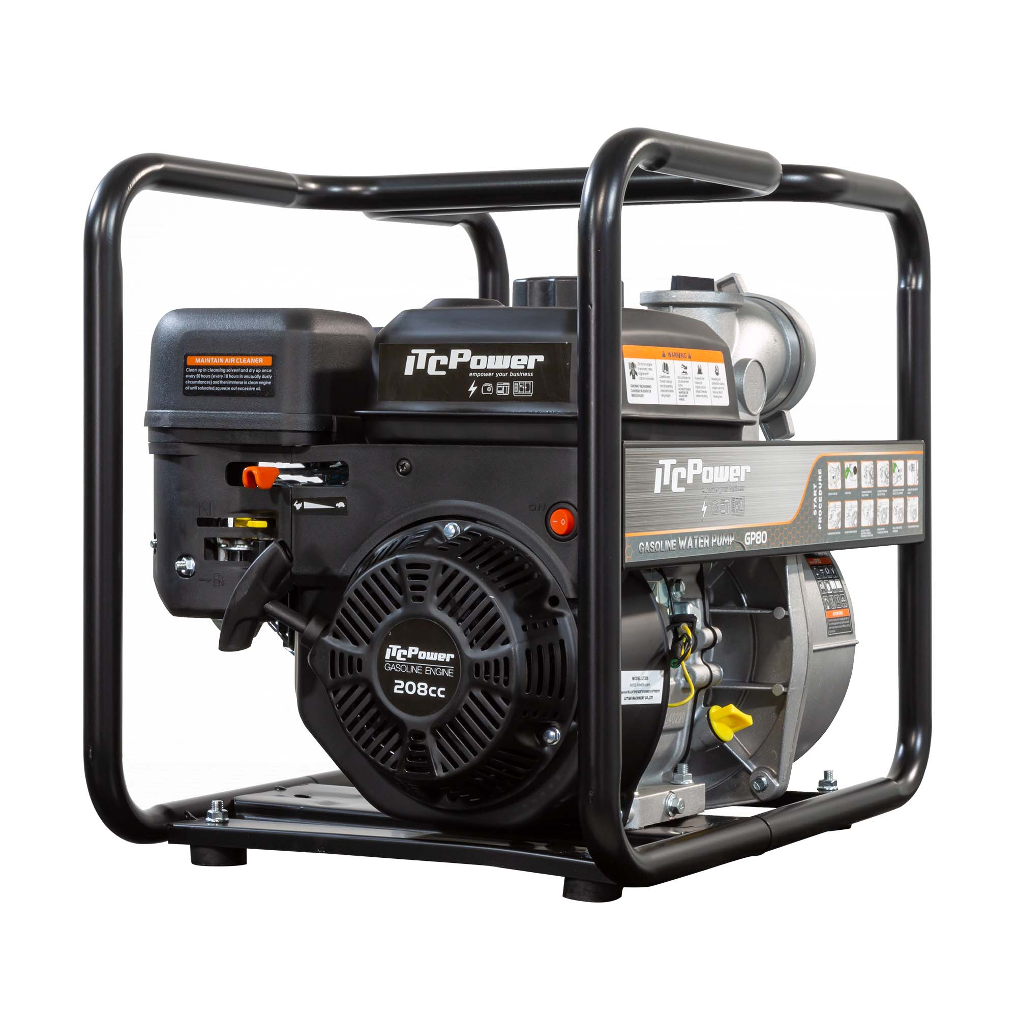 Una bomba de agua de gasolina negra y plateada con un marco negro. Tiene un motor de 208 cc y la marca es TcPower.