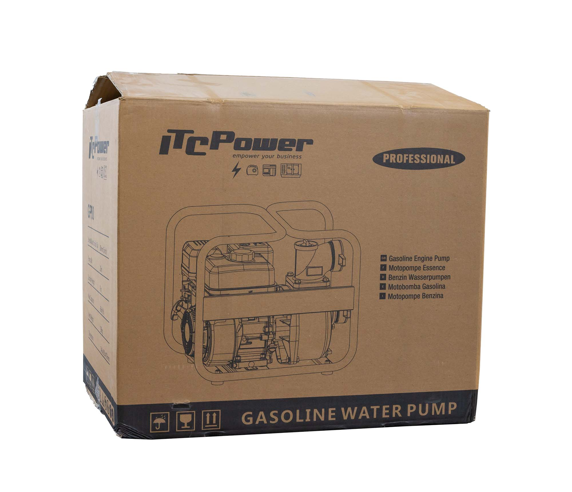 Una caja de cartón con una ilustración de bomba de agua a gasolina. El texto incluye 'TcPower', 'PROFESSIONAL' y 'GASOLINE WATER PUMP'.