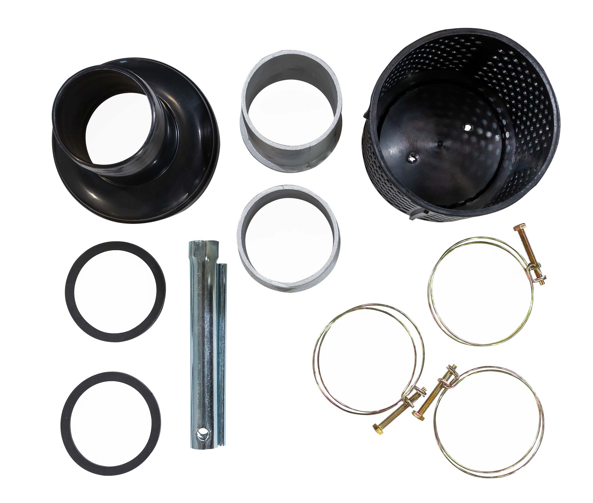Varias piezas de fontanería sobre un fondo blanco. Incluye piezas de plástico negro, anillos de metal, abrazaderas y una herramienta tipo llave.