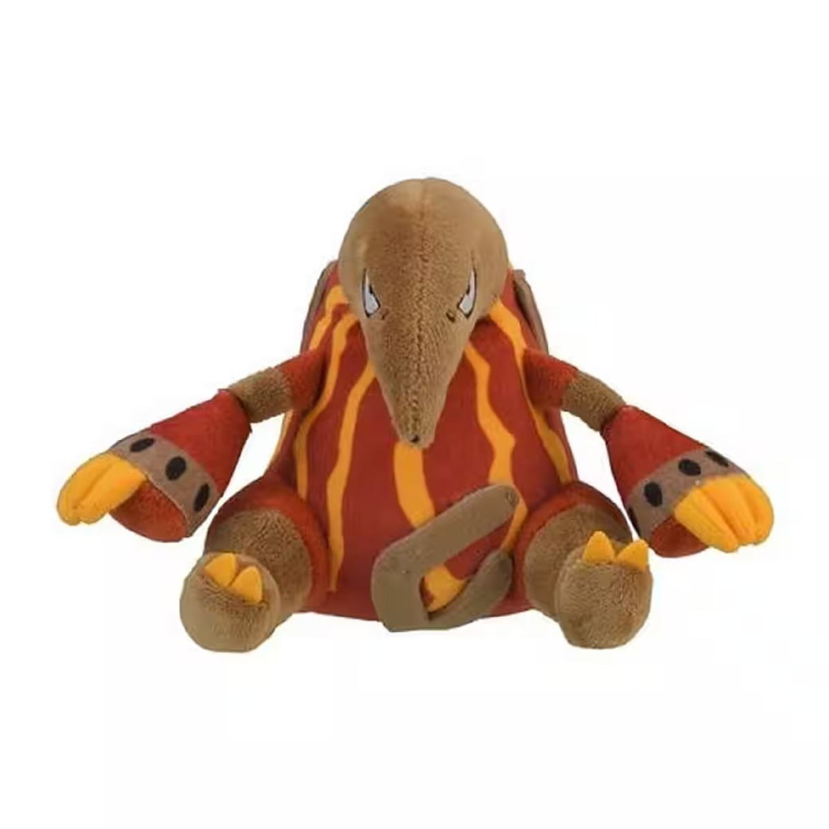 Ein Stofftier einer Zeichentrickfigur. Es hat einen braunen Kopf und Arme, einen roten Körper mit gelben Streifen und braune Beine.