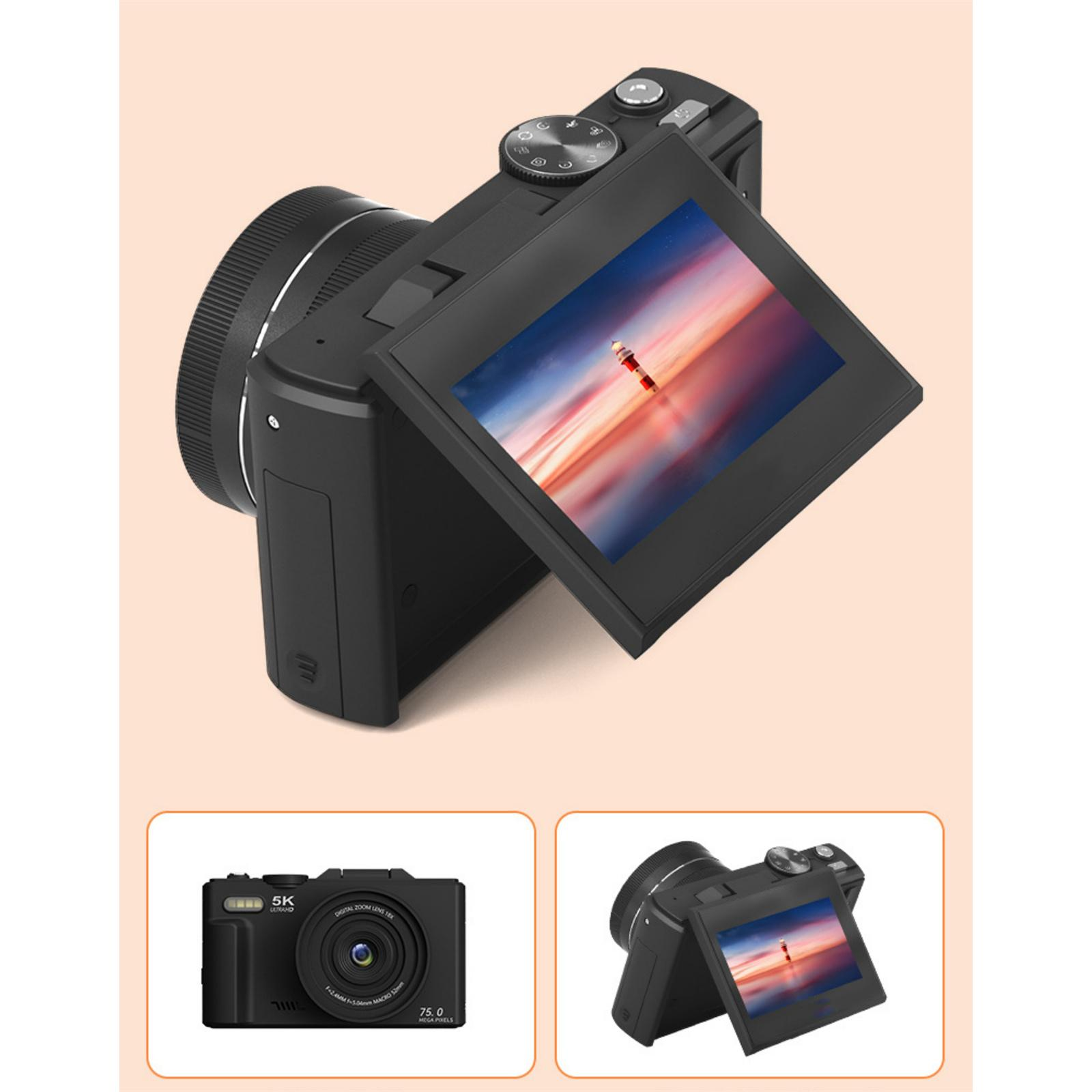 Schwarze Digitalkamera mit einem Bildschirm, der ein farbenfrohes Bild anzeigt. Zusätzliche Kameras befinden sich im Hintergrund.
