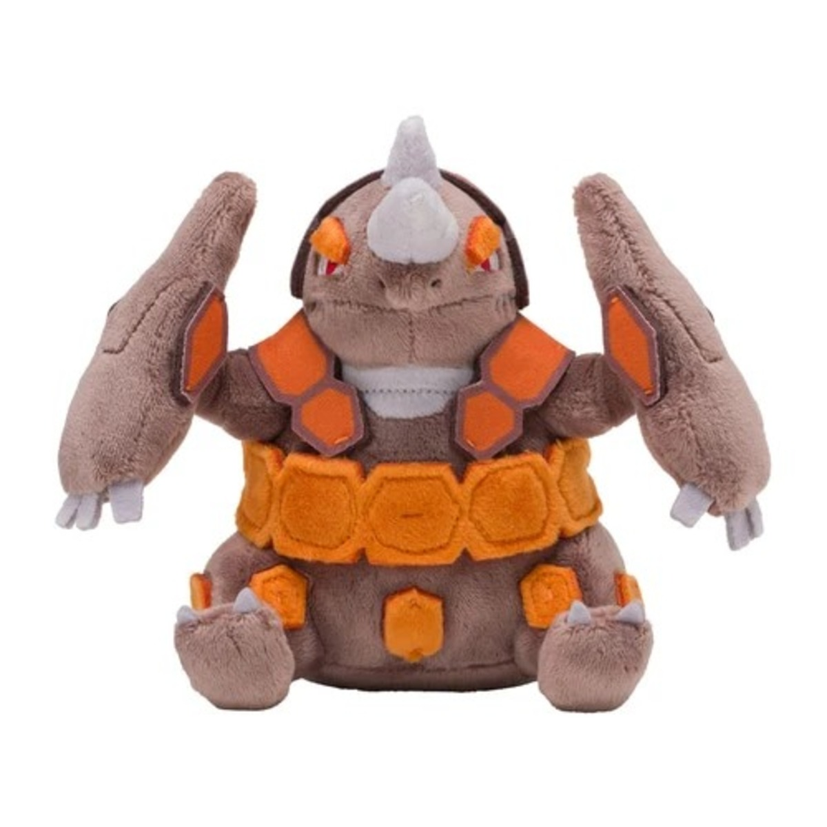 Plüschtier einer braunen und orangefarbenen Pokémon-Figur. Es hat ein weißes Horn, eine orangefarbene Rüstung und große Arme. Es sitzt.