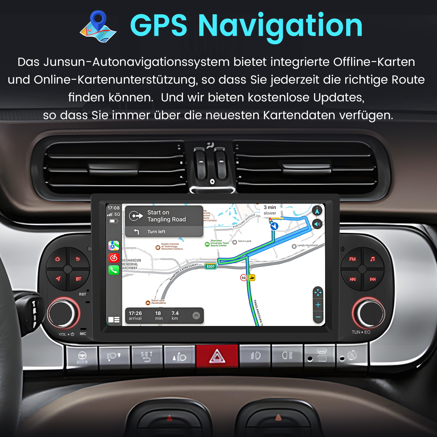 Auto-Armaturenbrett mit GPS-Navigation. Ein Bildschirm zeigt eine Karte mit Wegbeschreibungen. Tasten und Bedienelemente umgeben den Bildschirm.