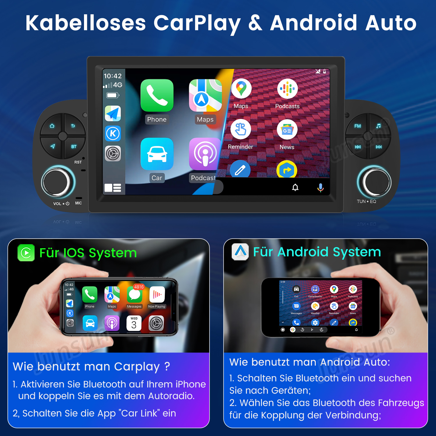 Autoradio-Bildschirm mit App-Symbolen. Darunter Anweisungen für iOS und Android zur Verwendung von CarPlay und Android Auto.