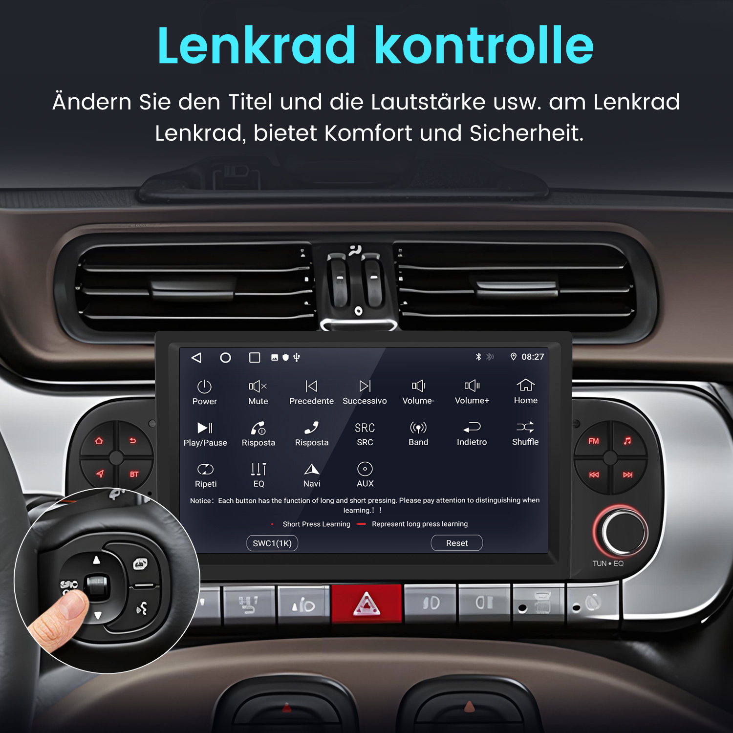 Auto-Armaturenbrett mit Bildschirm. Eine Hand drückt eine Taste am Lenkrad. Text auf dem Bildschirm und auf Deutsch, über Lenkradkontrolle.
