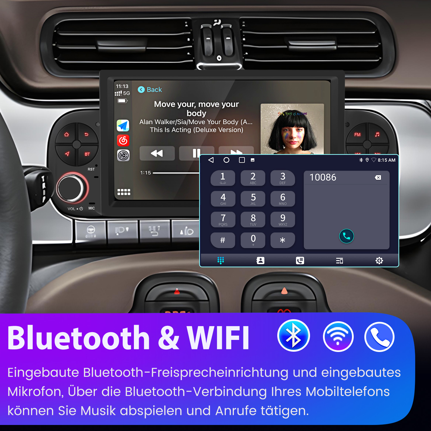 Autoinstrumententafel mit Bildschirm, der Musik und eine Telefontastatur anzeigt. Bluetooth- und WLAN-Symbole sind unten sichtbar.