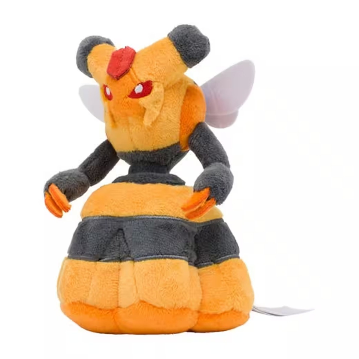 Ein Plüschtier in Form eines bienenartigen Wesens, gelb-schwarzer Körper, Flügel und rote Akzente.
