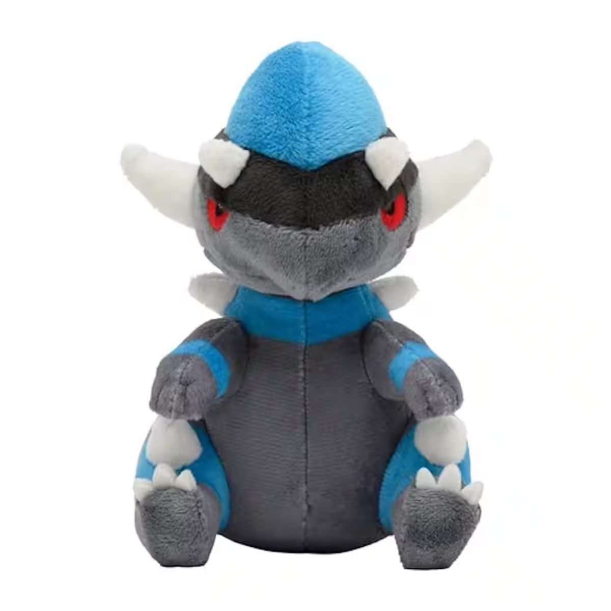 Ein Plüschtier einer Pokémon-Figur. Es hat einen blauen Kopf, einen grauen Körper und weiße Akzente. Rote Augen und einen freundlichen Gesichtsausdruck.