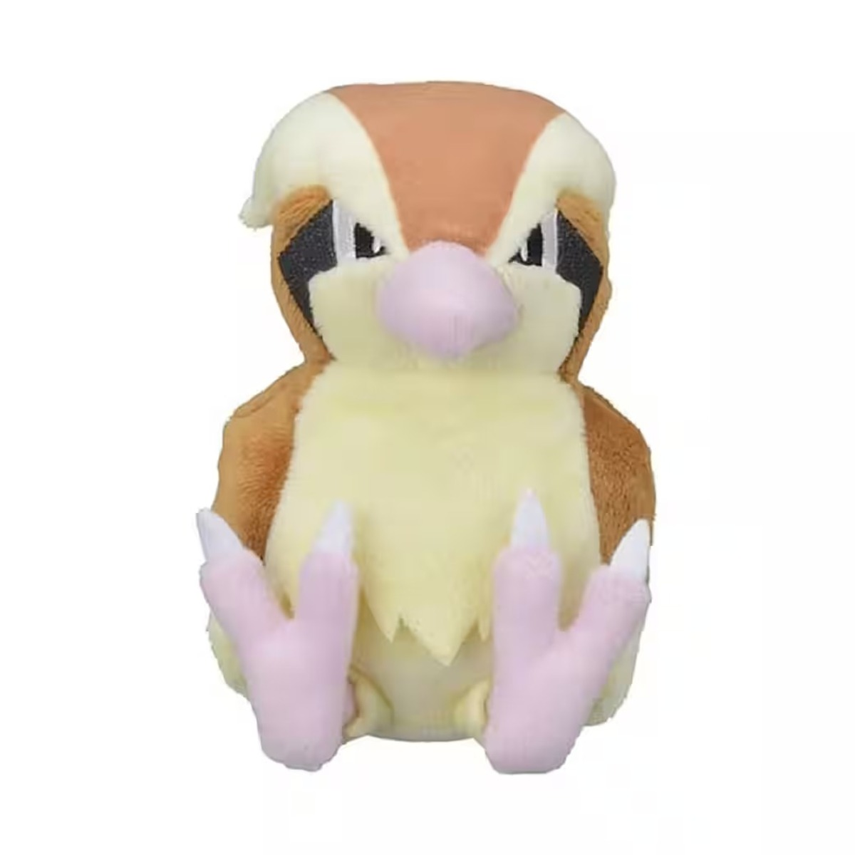 Ein Stofftier von Pidgey. Es hat braune und cremefarbene Federn, einen rosa Schnabel und Füße sowie schwarze Augen. Es sitzt auf weißem Hintergrund.