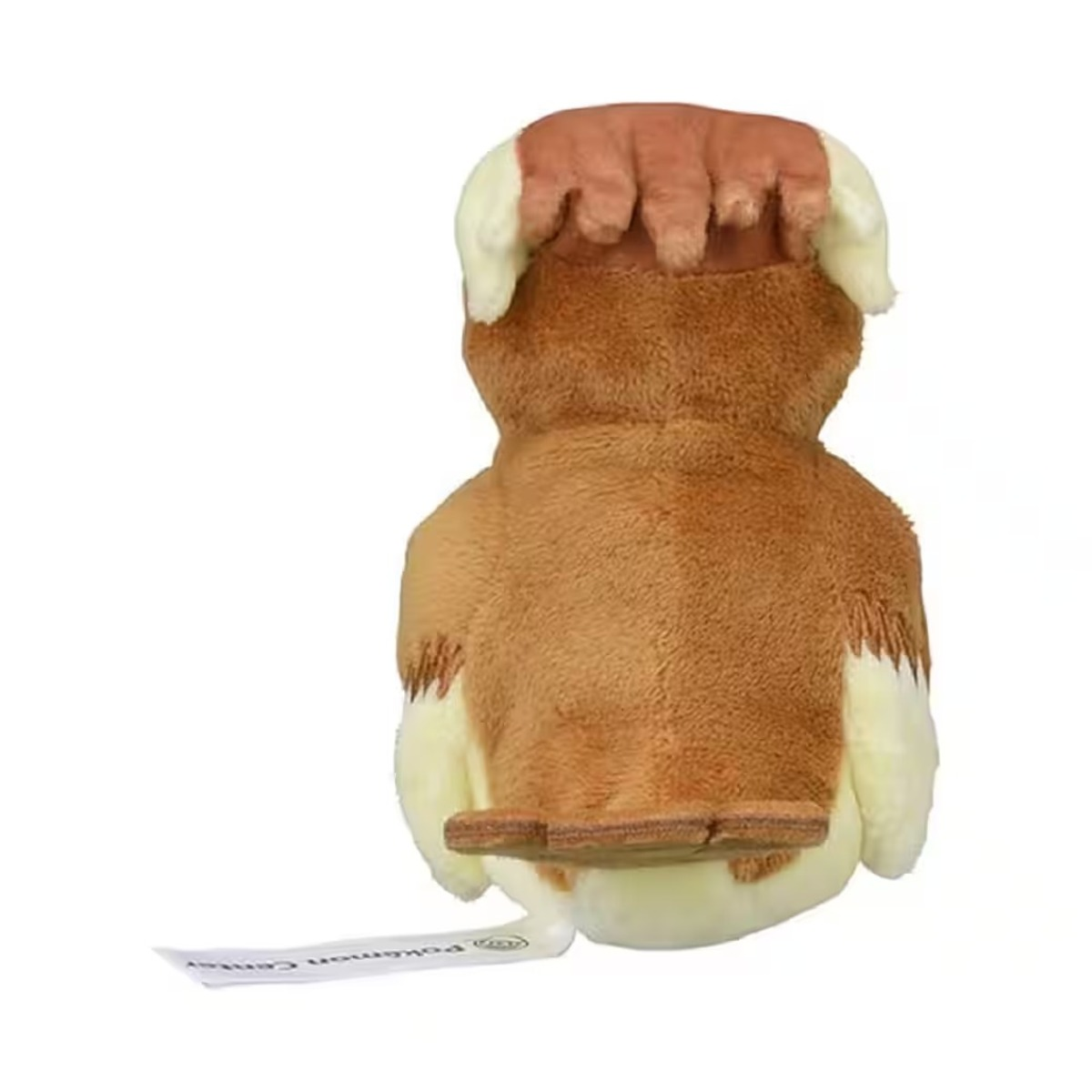 Ein braunes Plüschtier, von hinten gesehen. Es hat einen weißen Bauch, beige Flügel und einen braunen Kopf mit Kamm. Ein Anhänger ist befestigt.