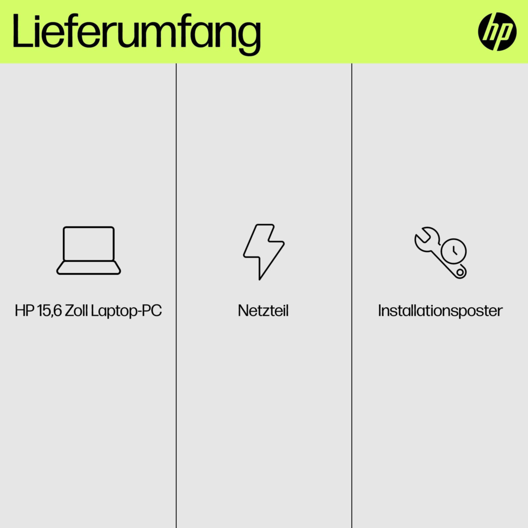 Obrazek przedstawia zawartość pudełka laptopa: laptop, zasilacz i plakat instalacyjny. Logo HP znajduje się w prawym górnym rogu.