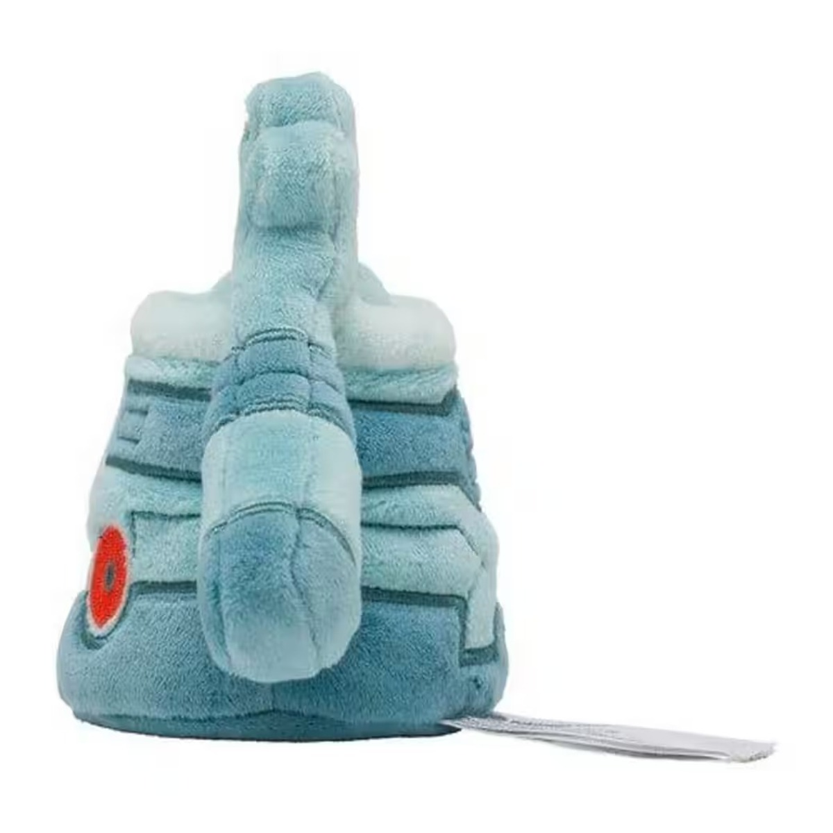 Ein blaues Plüschtier in Form einer Roboterfigur. Es hat ein rotes kreisförmiges Detail und ein Etikett. Der Hintergrund ist weiß.