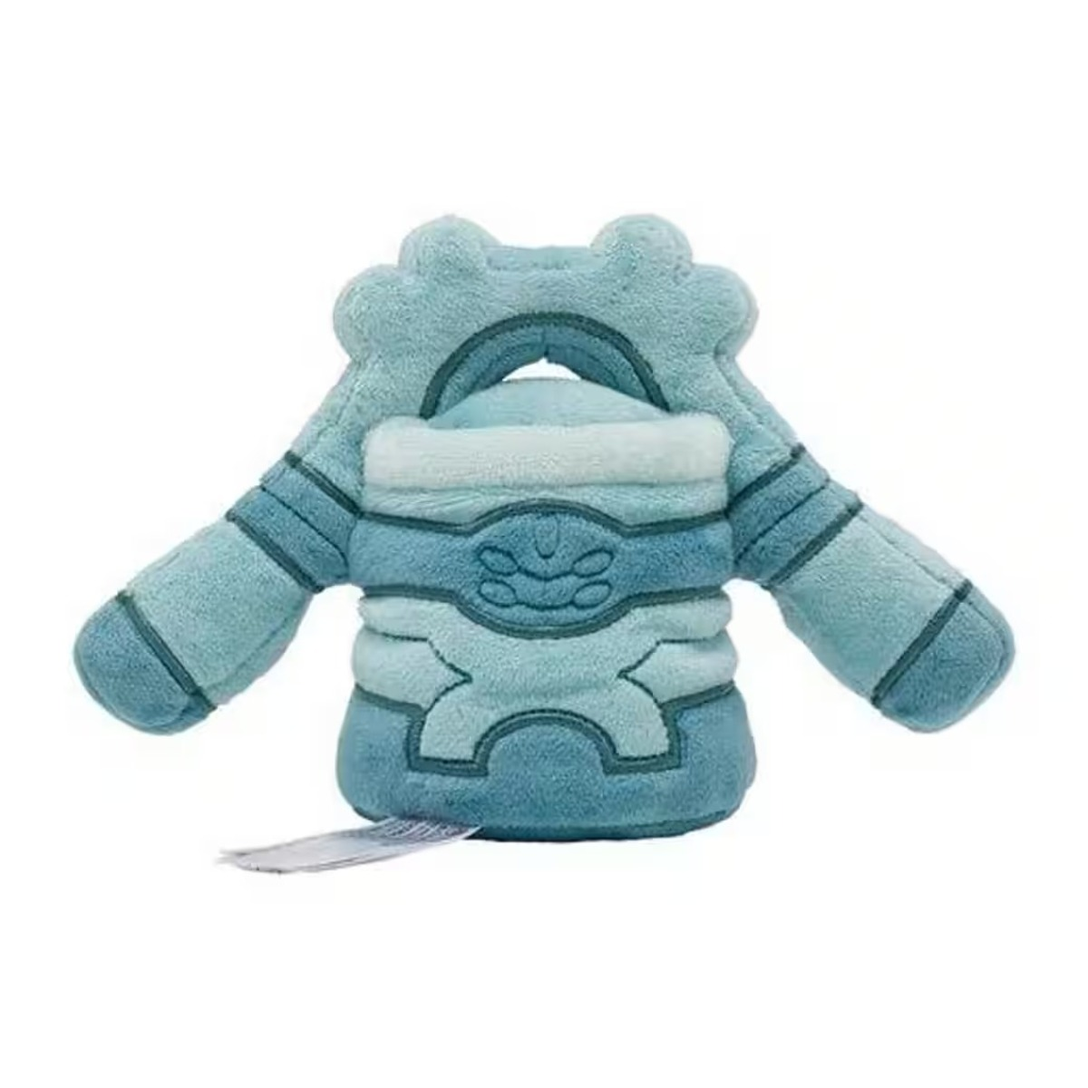 Ein blaues Plüschtier in Form eines Zahnrads. Es hat Arme und ein gesichtsähnliches Design auf seinem Körper. Unten ist ein Etikett angebracht.