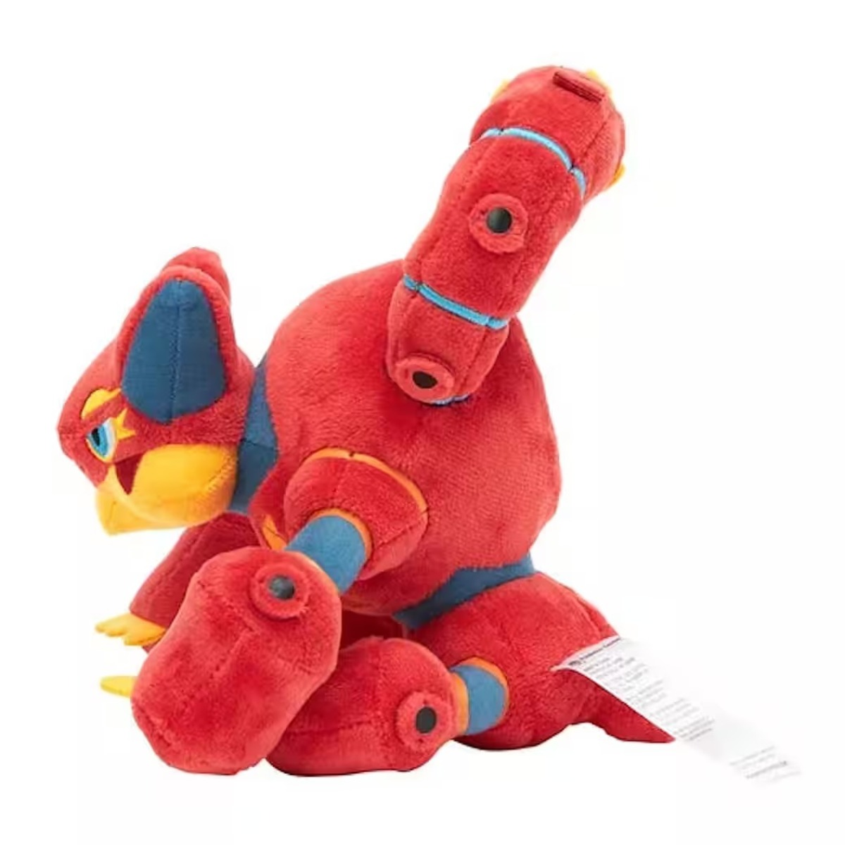 Roter Plüschroboter mit blauen und gelben Akzenten. Es hat runde Gelenke und ein Etikett.