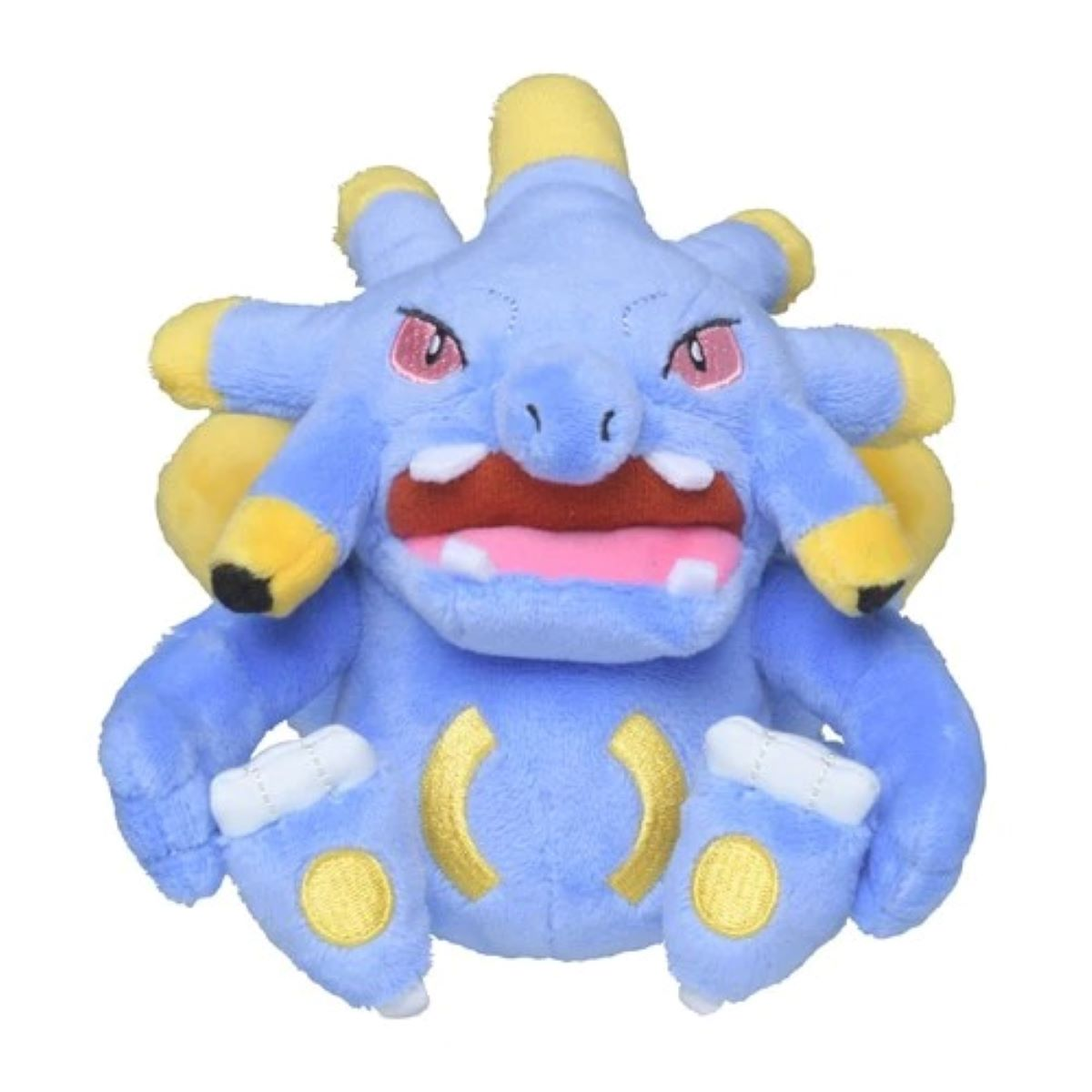 Ein blaues Plüschtier mit gelben Akzenten. Es hat einen weit geöffneten Mund mit Zähnen, rote Augen und scheinbar Hände und Füße.