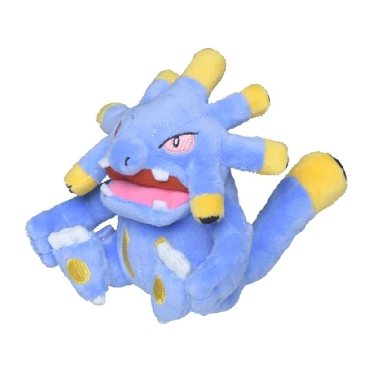 Ein blaues Plüschtier, das einer Cartoonfigur ähnelt, mit gelben Akzenten, offenem Mund und scharfen Zähnen.