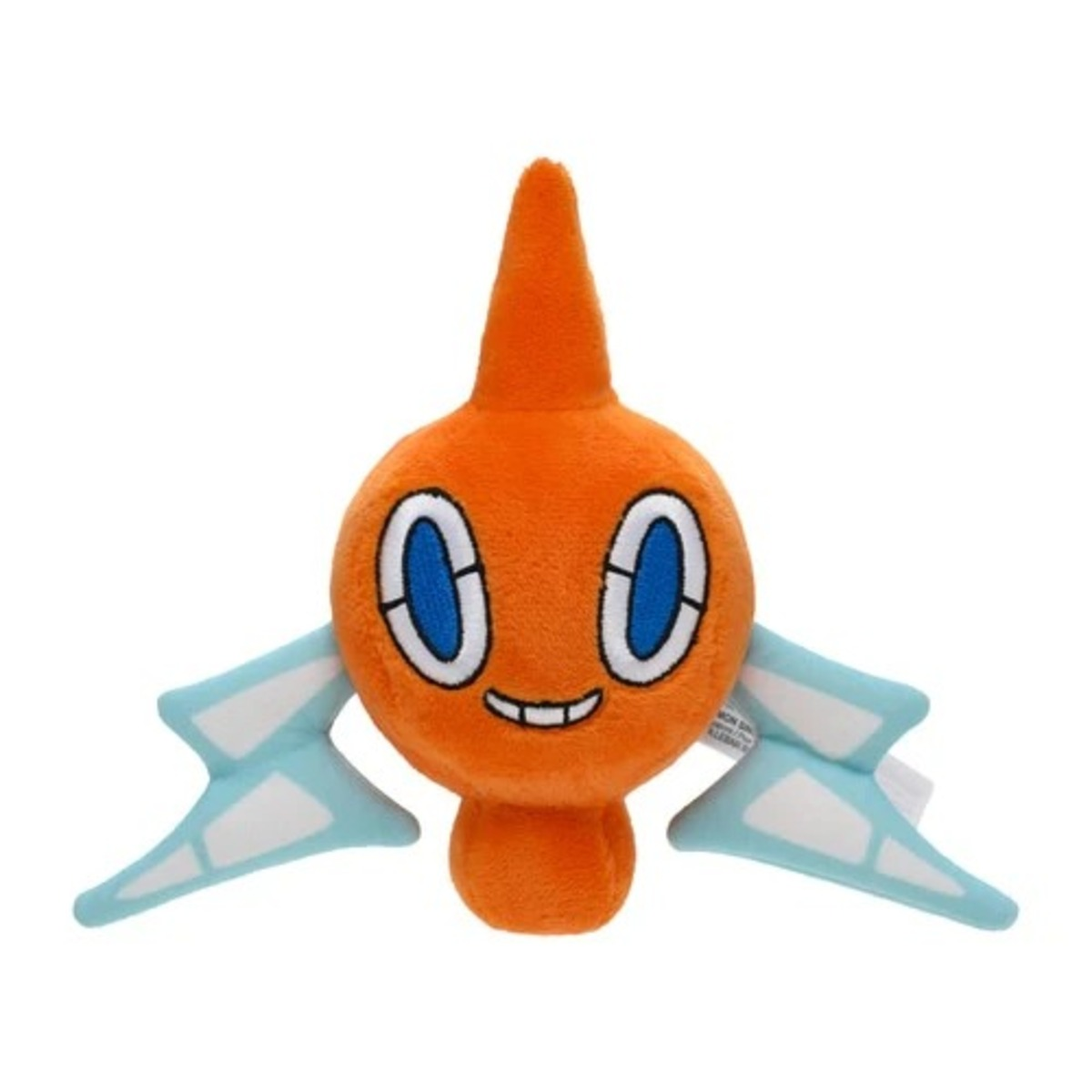 Ein orangefarbenes Rotom-Plüschtier mit blauen Augen und Flügeln. Es hat ein lächelndes Gesicht und eine spitze Spitze. Der Hintergrund ist weiß.