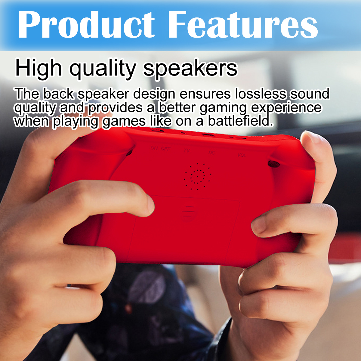 Eine Person hält eine rote Handheld-Spielkonsole. Der Text lautet 'Produktmerkmale' und 'Hochwertige Lautsprecher'.