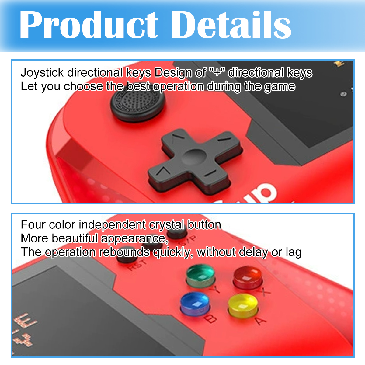 Nahaufnahme eines roten Gamecontrollers. Zeigt ein Steuerkreuz, Knöpfe in Blau, Grün, Gelb, Rot und einen schwarzen Lautsprecher.