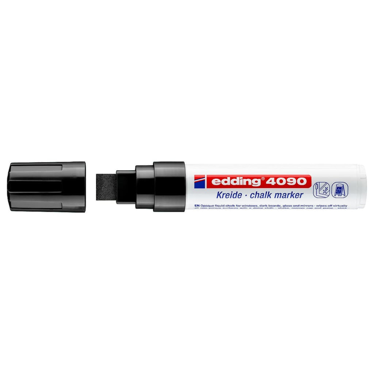 Ein Edding 4090 Kreidemarker liegt horizontal auf einer weißen Oberfläche. Die schwarze Kappe ist ab, die Filzspitze sichtbar.