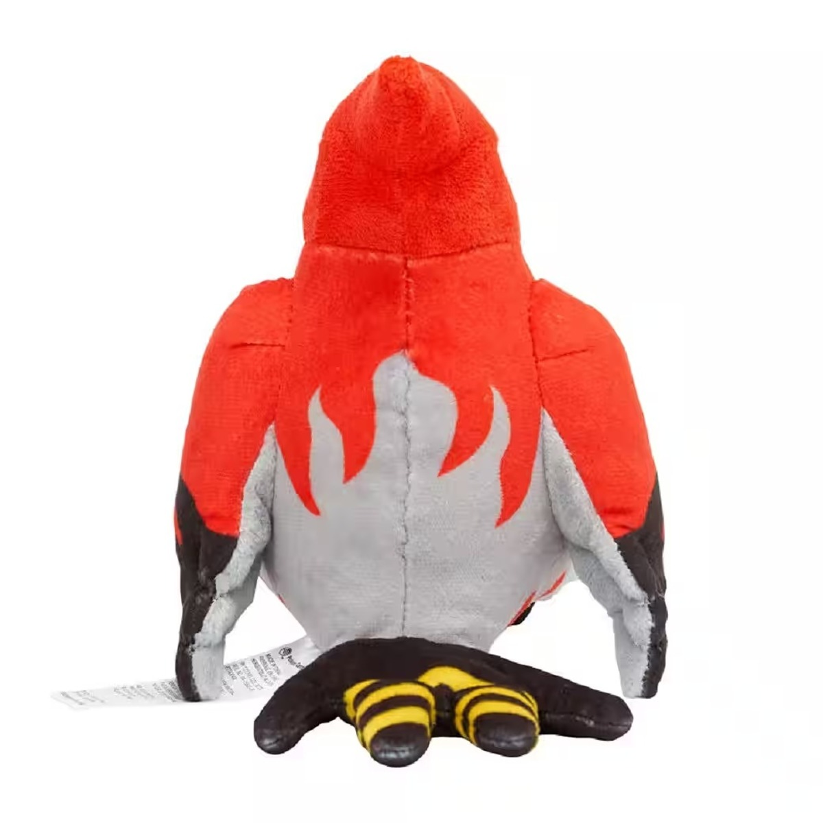 Ein Stofftier-Vogel mit roten, grauen und schwarzen Farben. Es hat ein Flammendesign auf dem Rücken und eine schwarze, klauenartige Struktur.